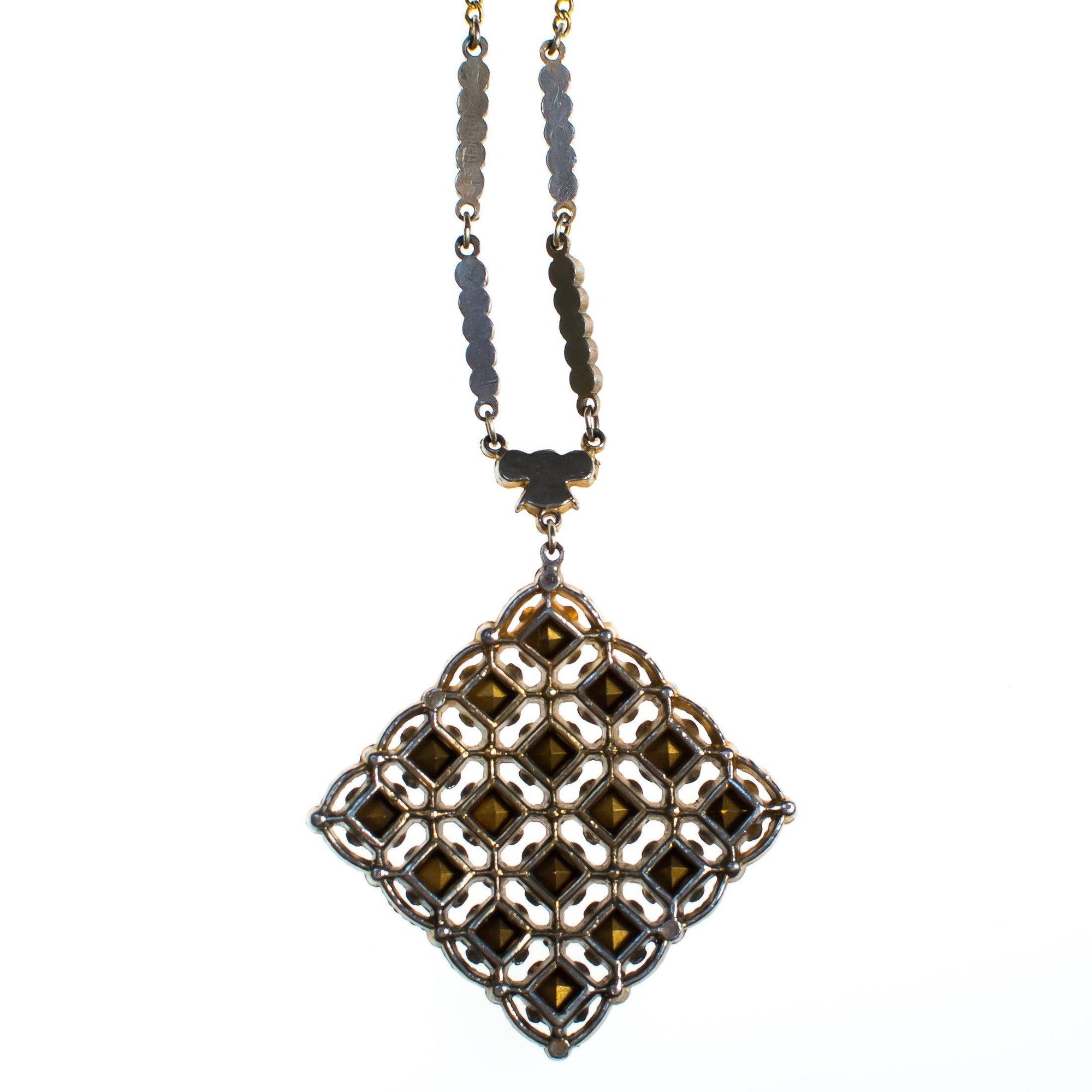 Vintage 1940s Czech Rainbow Rhinestone Pendant Necklace Checkerboard Setting by 1940s - Vintage Meet Modern Vintage Jewelry - Chicago, Illinois - #oldhollywoodglamour #vintagemeetmodern #designervintage #jewelrybox #antiquejewelry #vintagejewelry