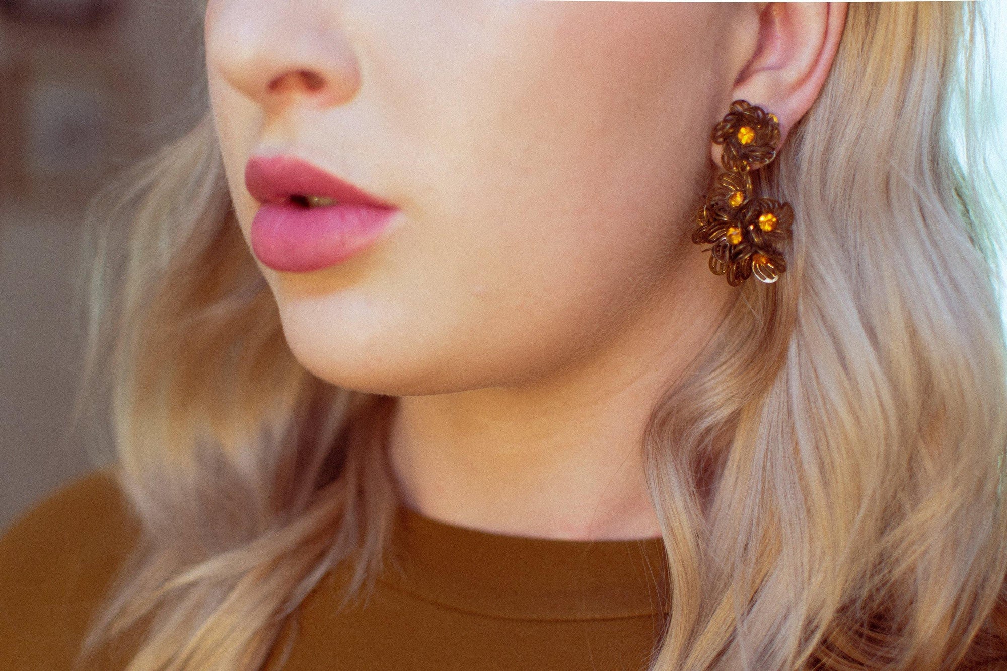 Vintage Gilt Caged Petal Flower Statement Earrings with Amber Crystal Centers by 1950s - Vintage Meet Modern Vintage Jewelry - Chicago, Illinois - #oldhollywoodglamour #vintagemeetmodern #designervintage #jewelrybox #antiquejewelry #vintagejewelry