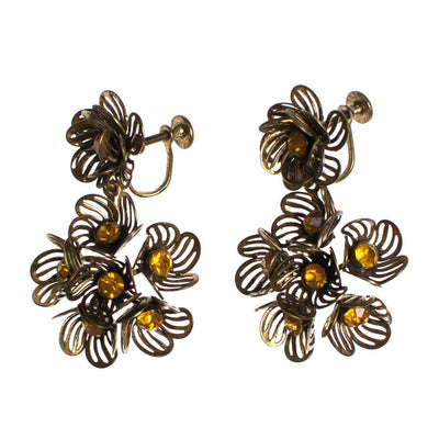 Vintage Gilt Caged Petal Flower Statement Earrings with Amber Crystal Centers by 1950s - Vintage Meet Modern Vintage Jewelry - Chicago, Illinois - #oldhollywoodglamour #vintagemeetmodern #designervintage #jewelrybox #antiquejewelry #vintagejewelry
