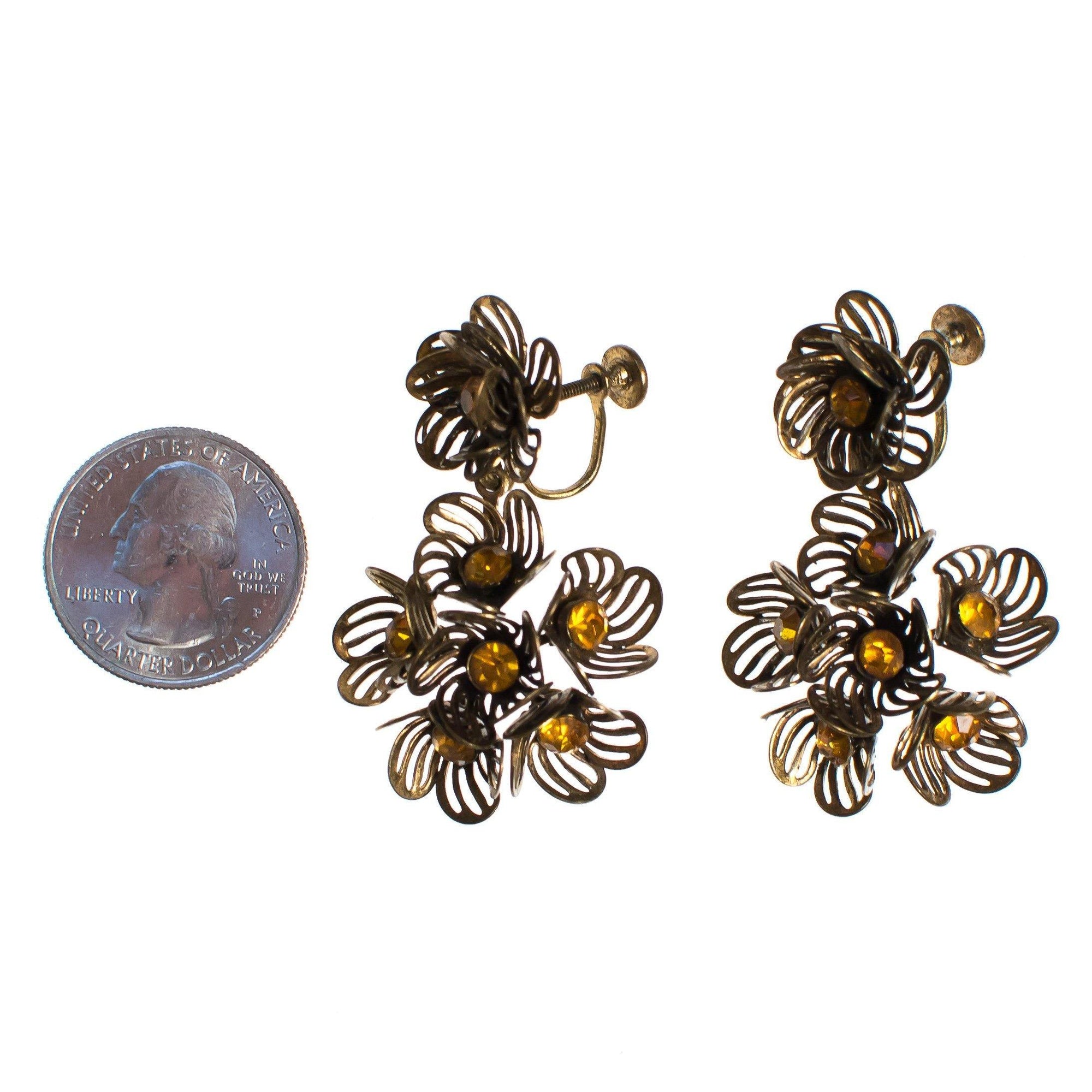 Vintage Gilt Caged Petal Flower Statement Earrings with Amber Crystal Centers by 1950s - Vintage Meet Modern Vintage Jewelry - Chicago, Illinois - #oldhollywoodglamour #vintagemeetmodern #designervintage #jewelrybox #antiquejewelry #vintagejewelry