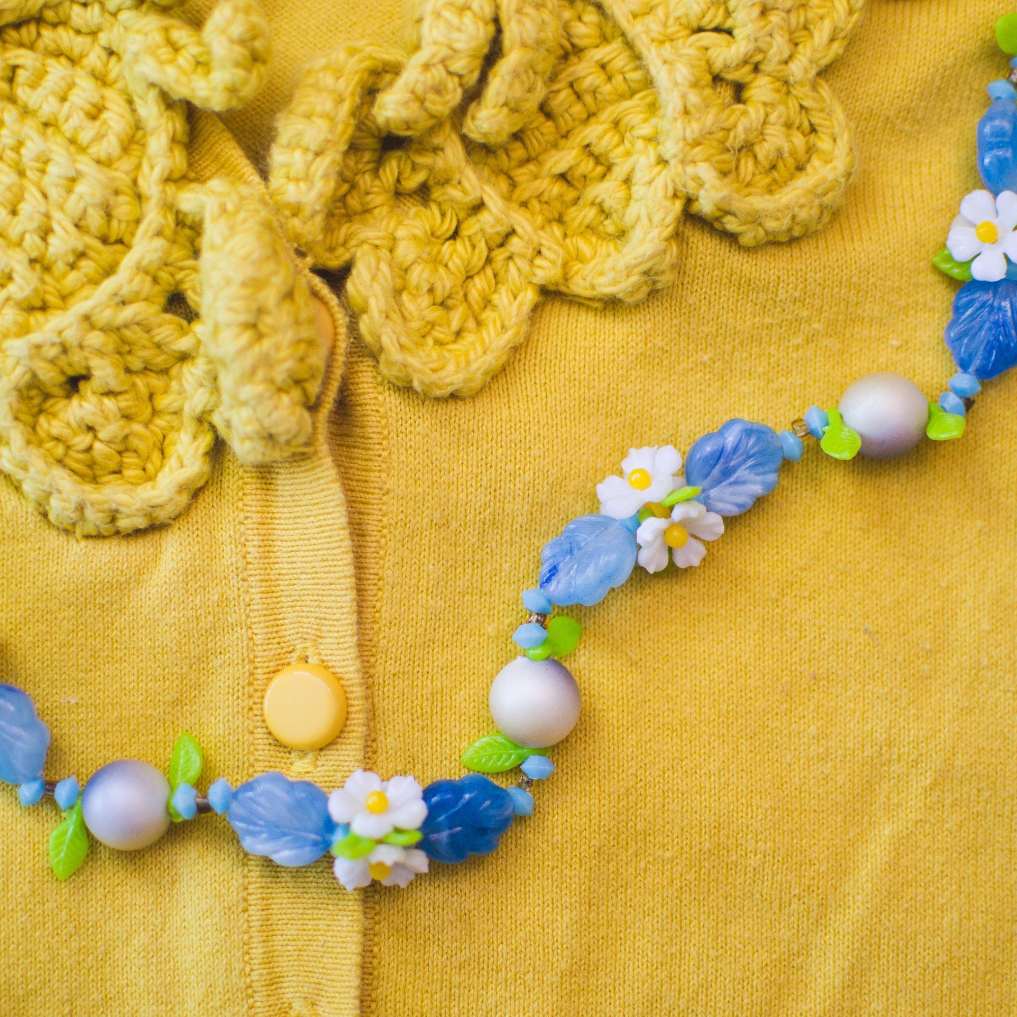 Vintage 1950s Blue Bead and Daisy Lucite Double Strand Beaded Necklace by 1950s - Vintage Meet Modern Vintage Jewelry - Chicago, Illinois - #oldhollywoodglamour #vintagemeetmodern #designervintage #jewelrybox #antiquejewelry #vintagejewelry