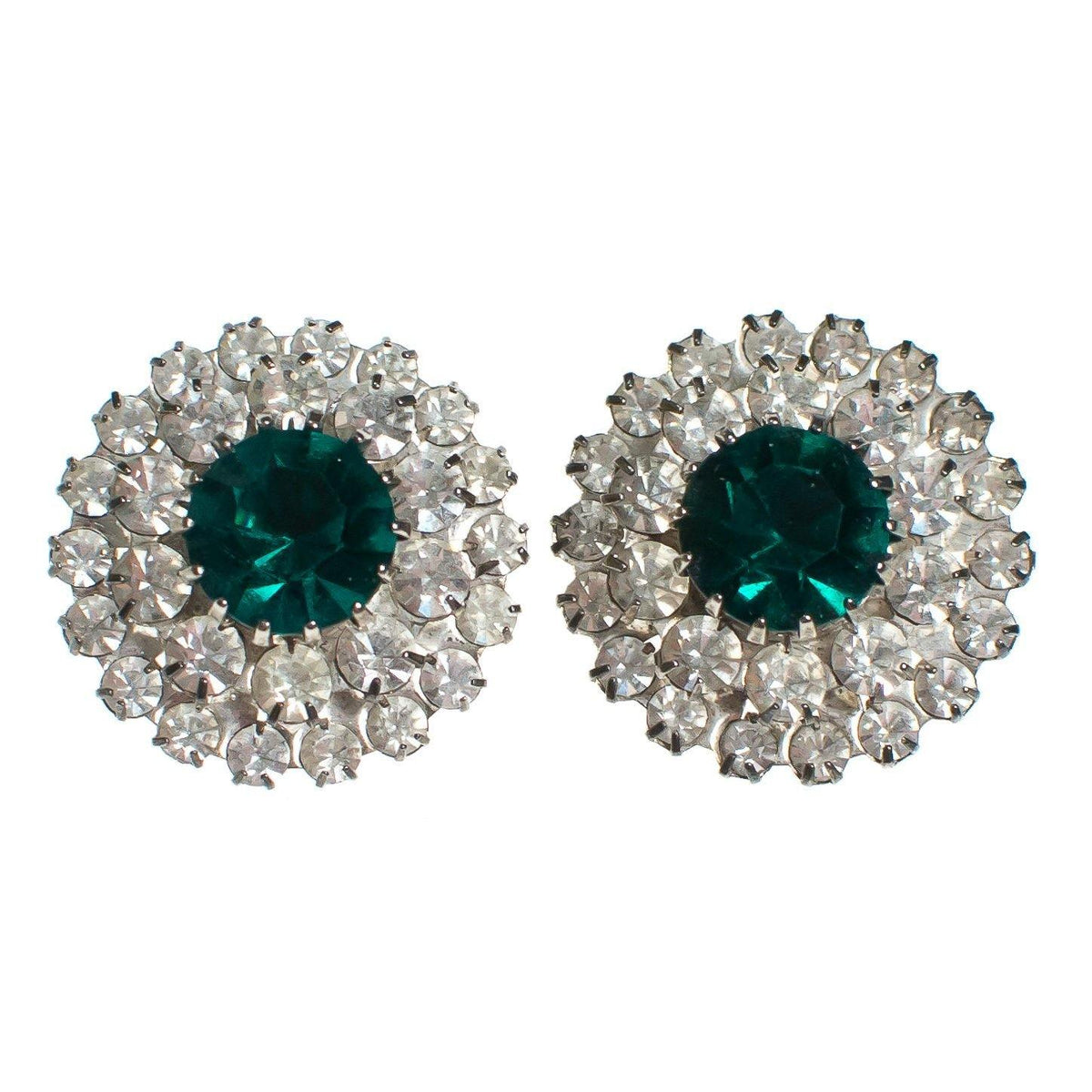 Vintage 1940s Art Deco Emerald Green Crystal and Diamante Round Medallion Statement Earrings