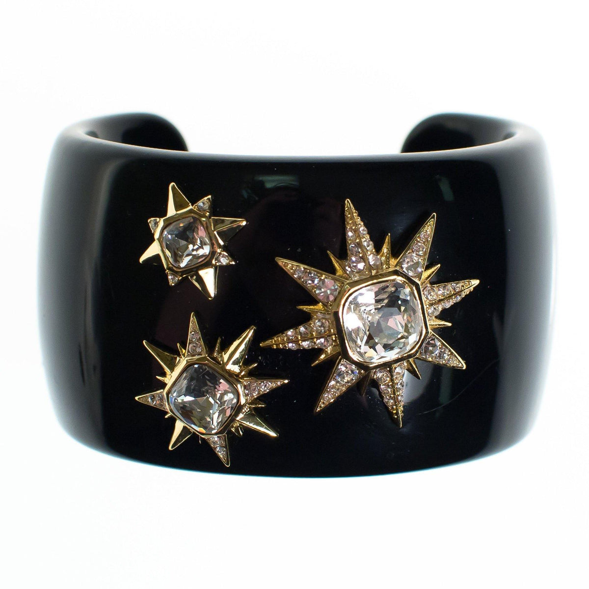 Vintage Louise et Cie Black Lucite Cuff with Gold Rhinestone Stars