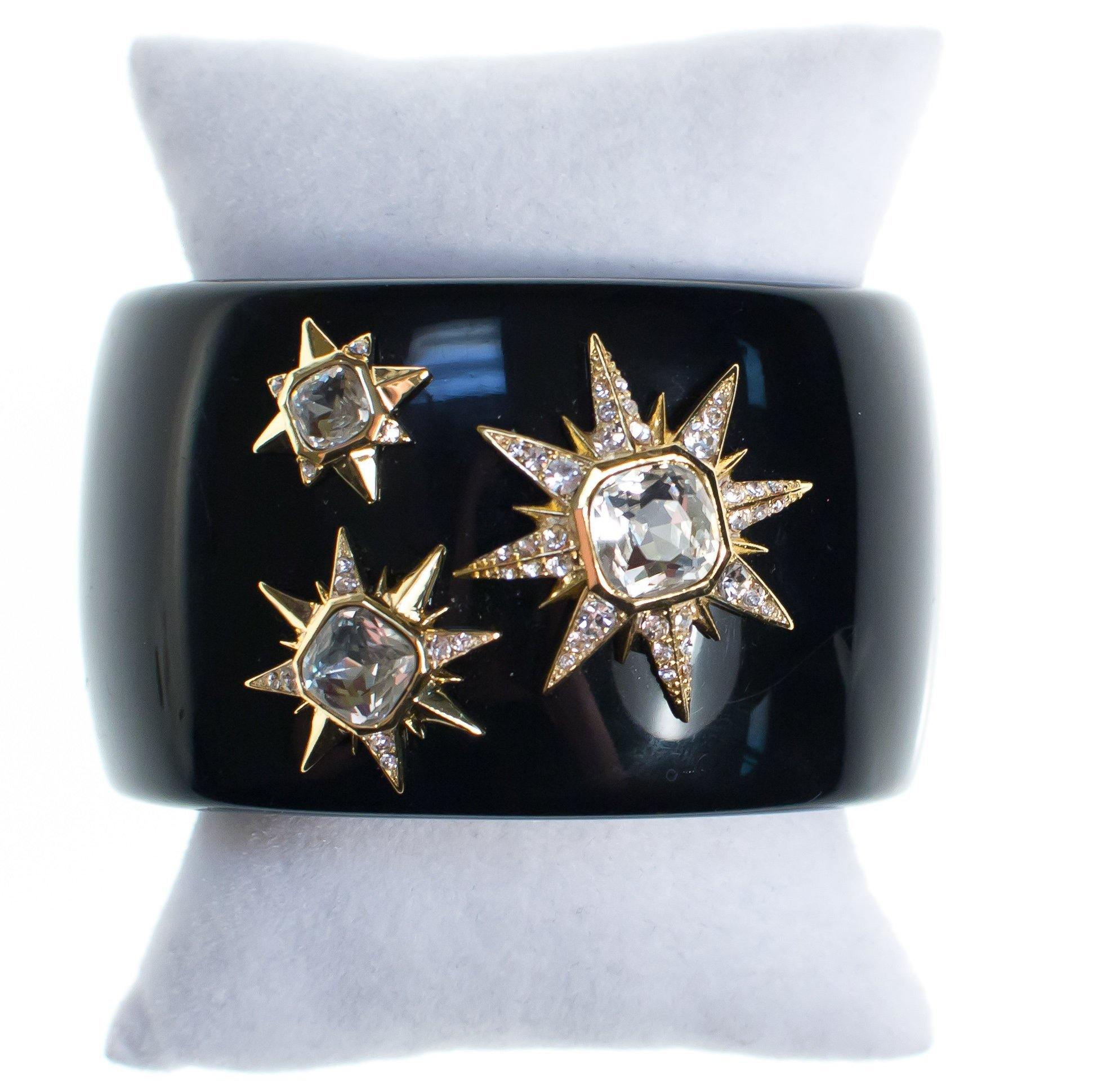 Vintage Louise et Cie Black Lucite Cuff with Gold Rhinestone Stars by Louise et Cie - Vintage Meet Modern Vintage Jewelry - Chicago, Illinois - #oldhollywoodglamour #vintagemeetmodern #designervintage #jewelrybox #antiquejewelry #vintagejewelry