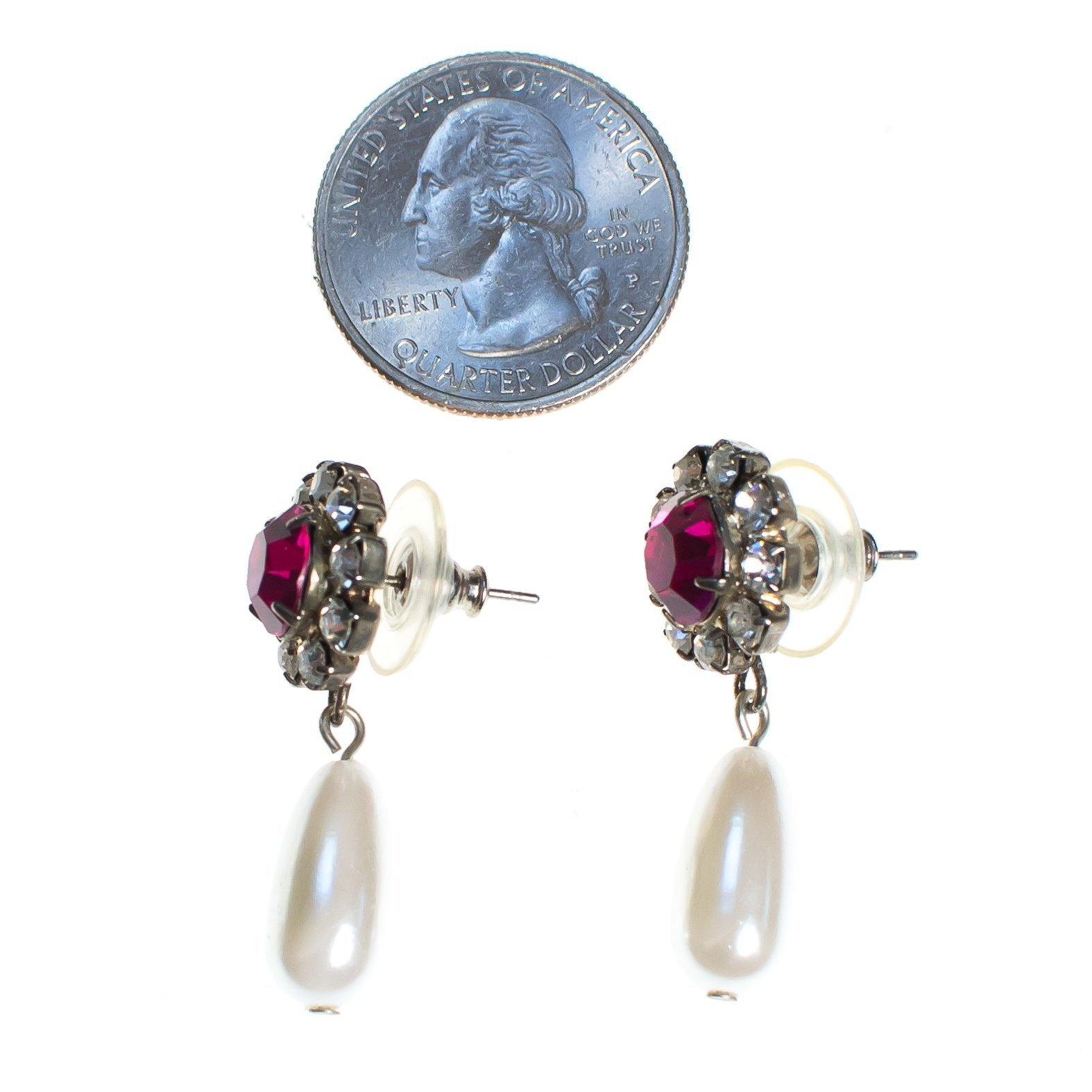 Vintage 1980s Pink and Diamante Rhinestone and Faux Pearl Drop Earrings, Pierced by 1980s - Vintage Meet Modern Vintage Jewelry - Chicago, Illinois - #oldhollywoodglamour #vintagemeetmodern #designervintage #jewelrybox #antiquejewelry #vintagejewelry