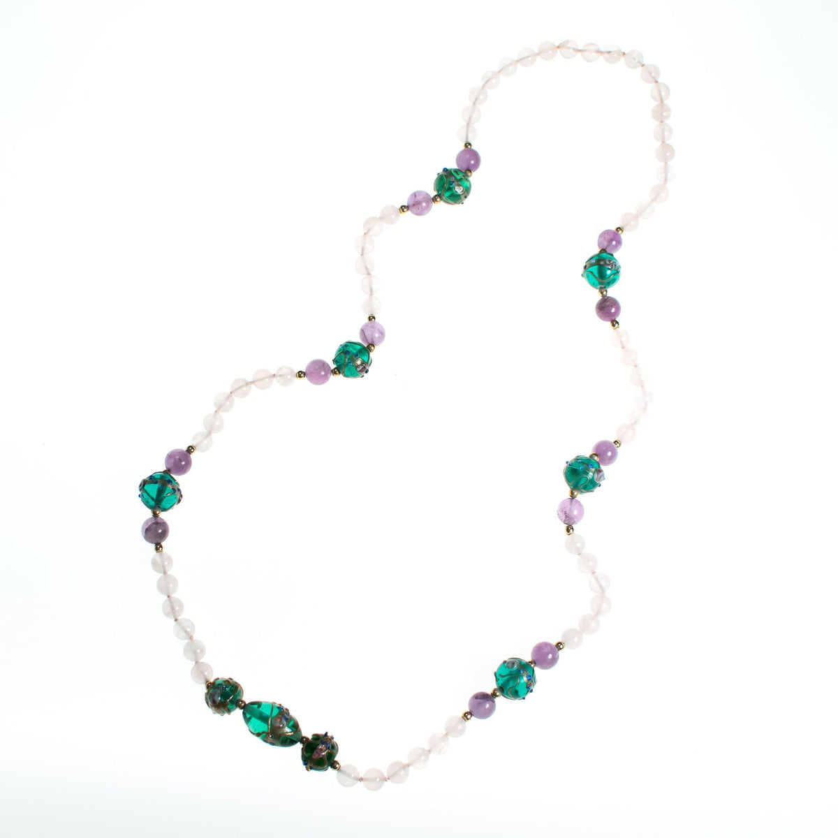 Vintage Venetian Wedding Cake Bead Rose Quartz and Amethyst Necklace