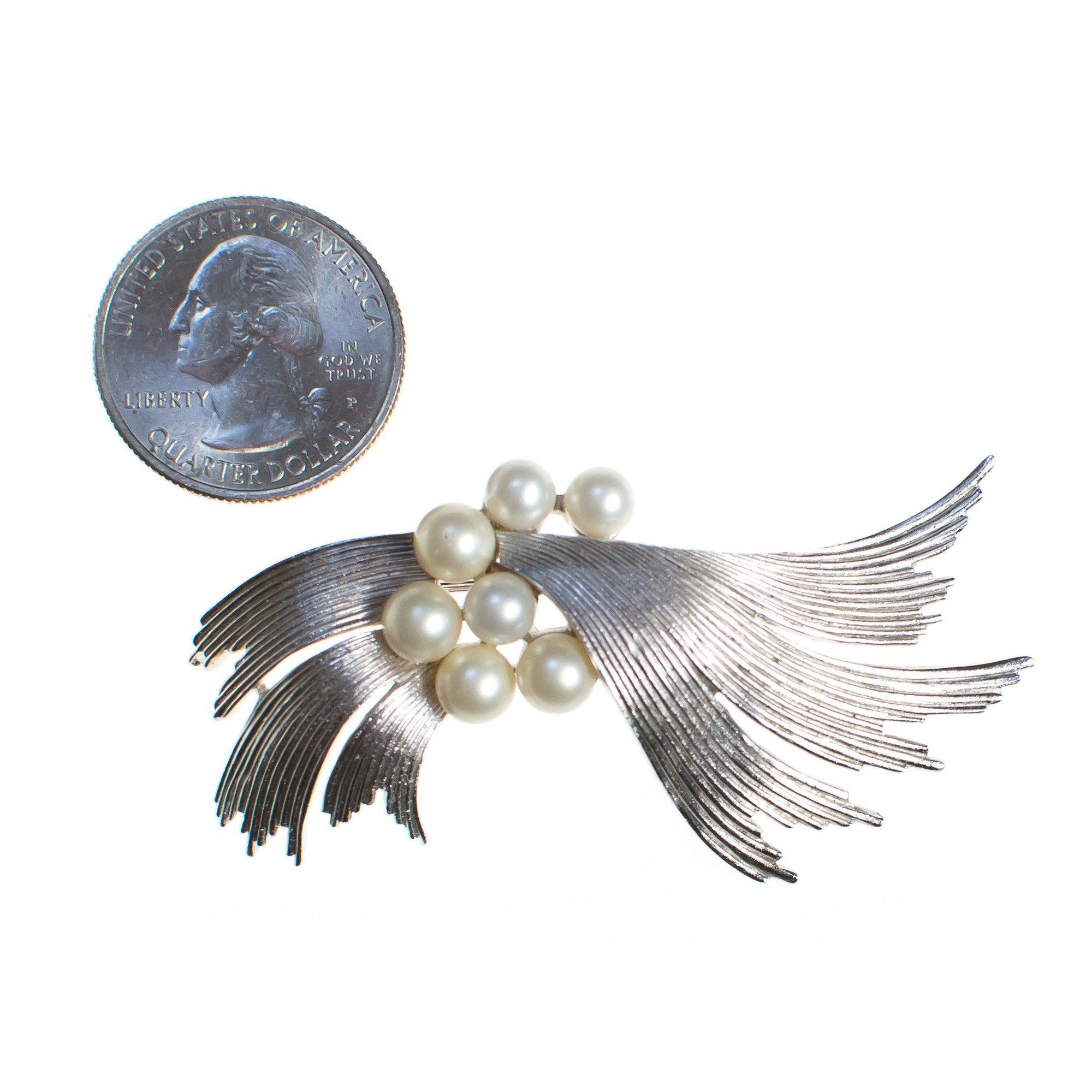 Vintage Crown Trifari Mid Century Modern Silver Crest Brooch with Pearls by Crown Trifari - Vintage Meet Modern Vintage Jewelry - Chicago, Illinois - #oldhollywoodglamour #vintagemeetmodern #designervintage #jewelrybox #antiquejewelry #vintagejewelry