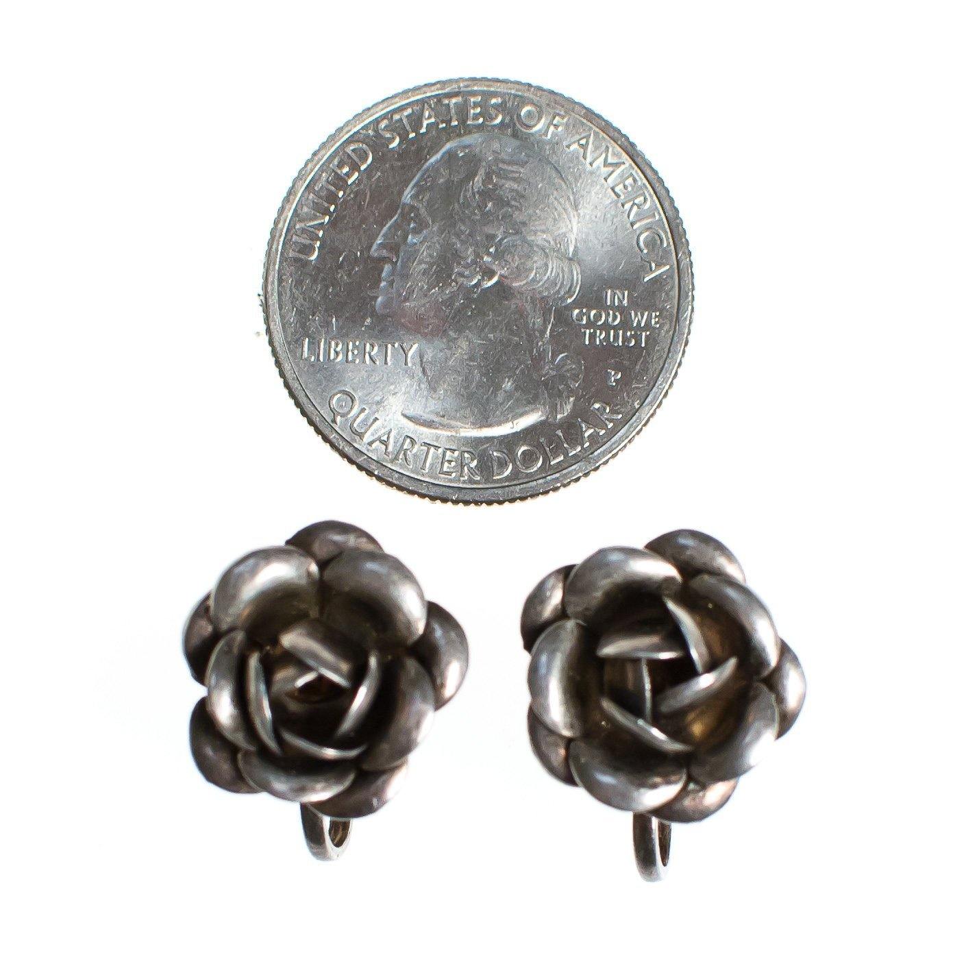Vintage Sterling Silver Rose Earrings, Screwback by Sterling Silver - Vintage Meet Modern Vintage Jewelry - Chicago, Illinois - #oldhollywoodglamour #vintagemeetmodern #designervintage #jewelrybox #antiquejewelry #vintagejewelry