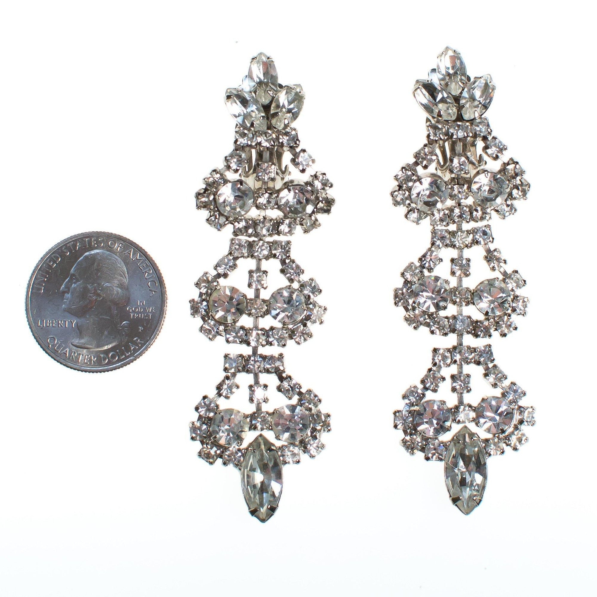 Vintage Rhinestone Chandelier Statement Earrings, Clip On by 1950s - Vintage Meet Modern Vintage Jewelry - Chicago, Illinois - #oldhollywoodglamour #vintagemeetmodern #designervintage #jewelrybox #antiquejewelry #vintagejewelry