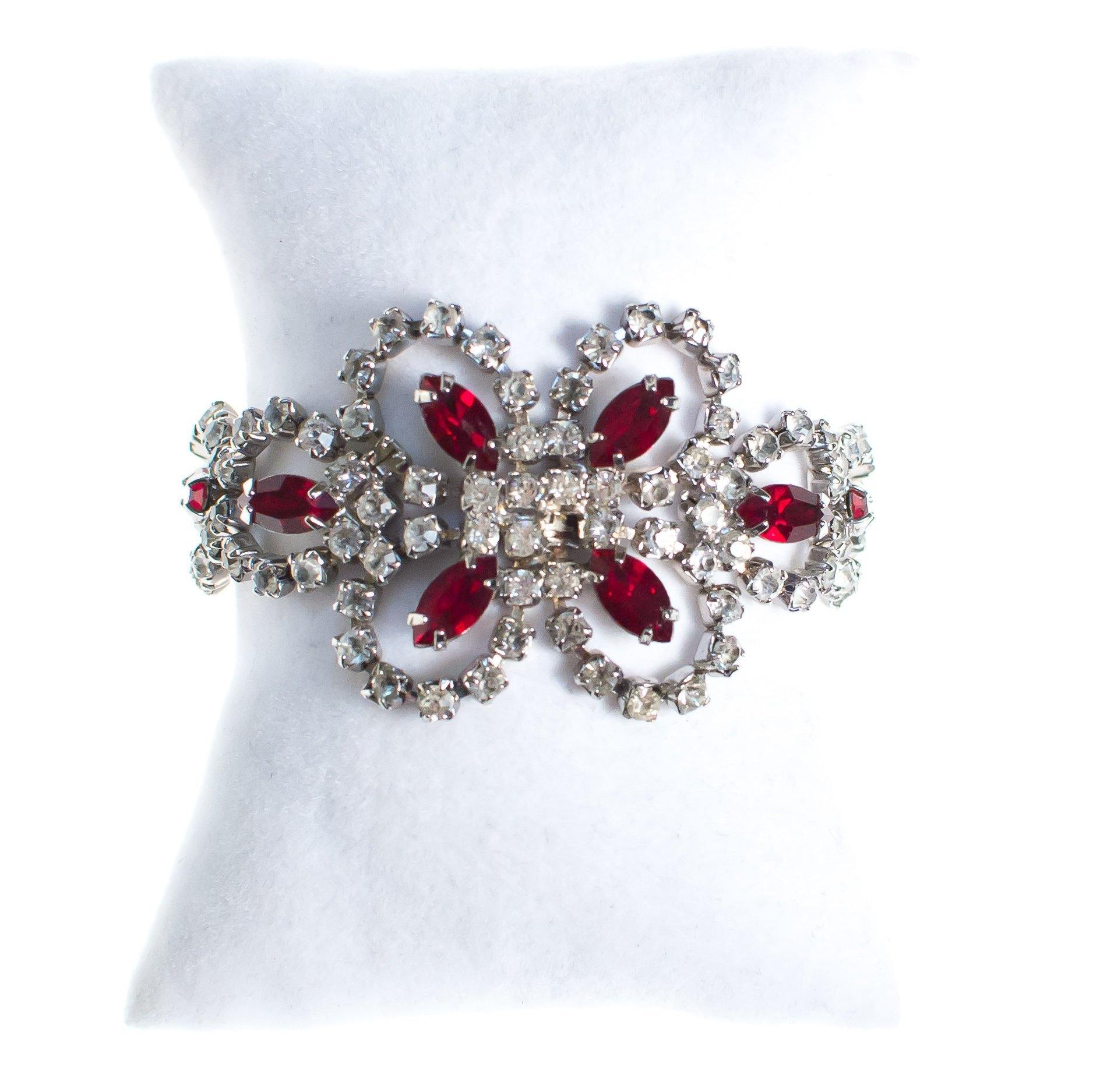 Vintage Art Deco Style Ruby Red Crystal and Diamante Rhinestone Bracelet by Art Deco - Vintage Meet Modern Vintage Jewelry - Chicago, Illinois - #oldhollywoodglamour #vintagemeetmodern #designervintage #jewelrybox #antiquejewelry #vintagejewelry