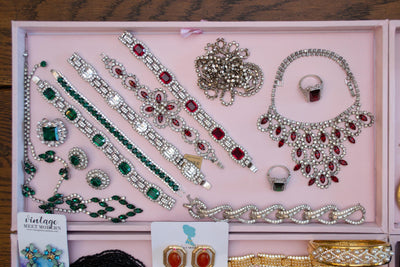 Vintage Art Deco Style Ruby Red Crystal and Diamante Rhinestone Bracelet by Art Deco - Vintage Meet Modern Vintage Jewelry - Chicago, Illinois - #oldhollywoodglamour #vintagemeetmodern #designervintage #jewelrybox #antiquejewelry #vintagejewelry