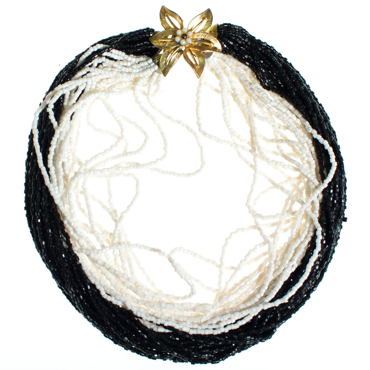 Vintage Multi-strand Necklace, Black and White Glass Beads, Gold Tone Flower Clasp