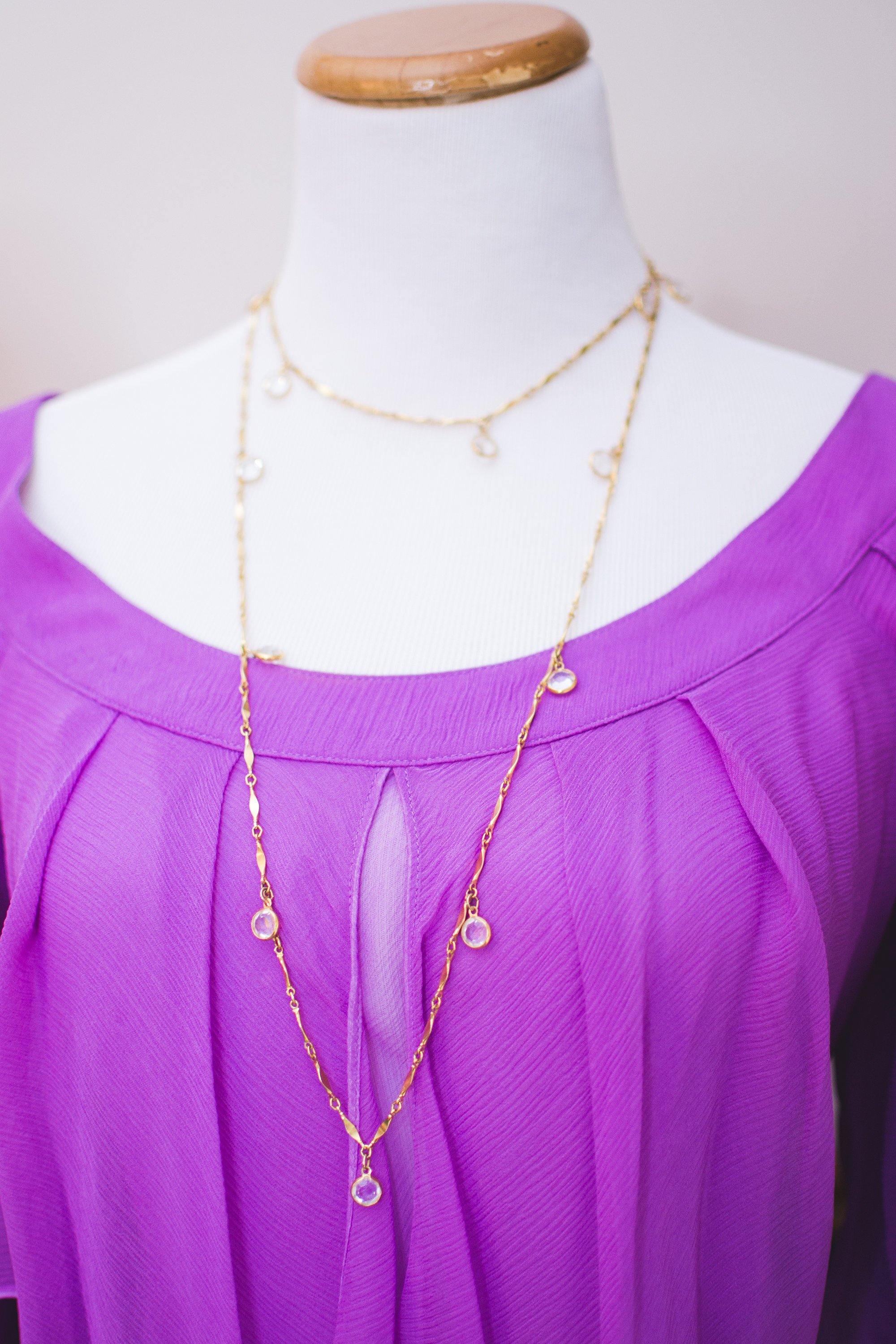 Vintage Bezel Set Crystal and Gold Flat Link Chain Necklace by 1980s - Vintage Meet Modern Vintage Jewelry - Chicago, Illinois - #oldhollywoodglamour #vintagemeetmodern #designervintage #jewelrybox #antiquejewelry #vintagejewelry