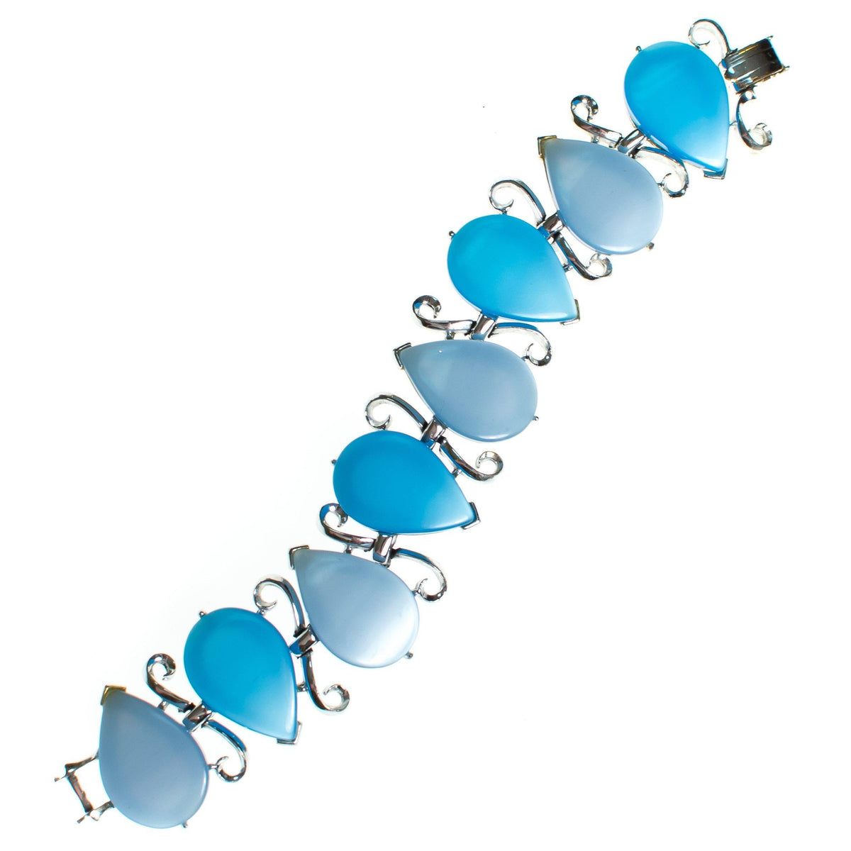 Vintage Mid Century Modern Light Blue Thermoset Wide Thermoset Bracelet Pear Shaped Links Set In Silver Tone