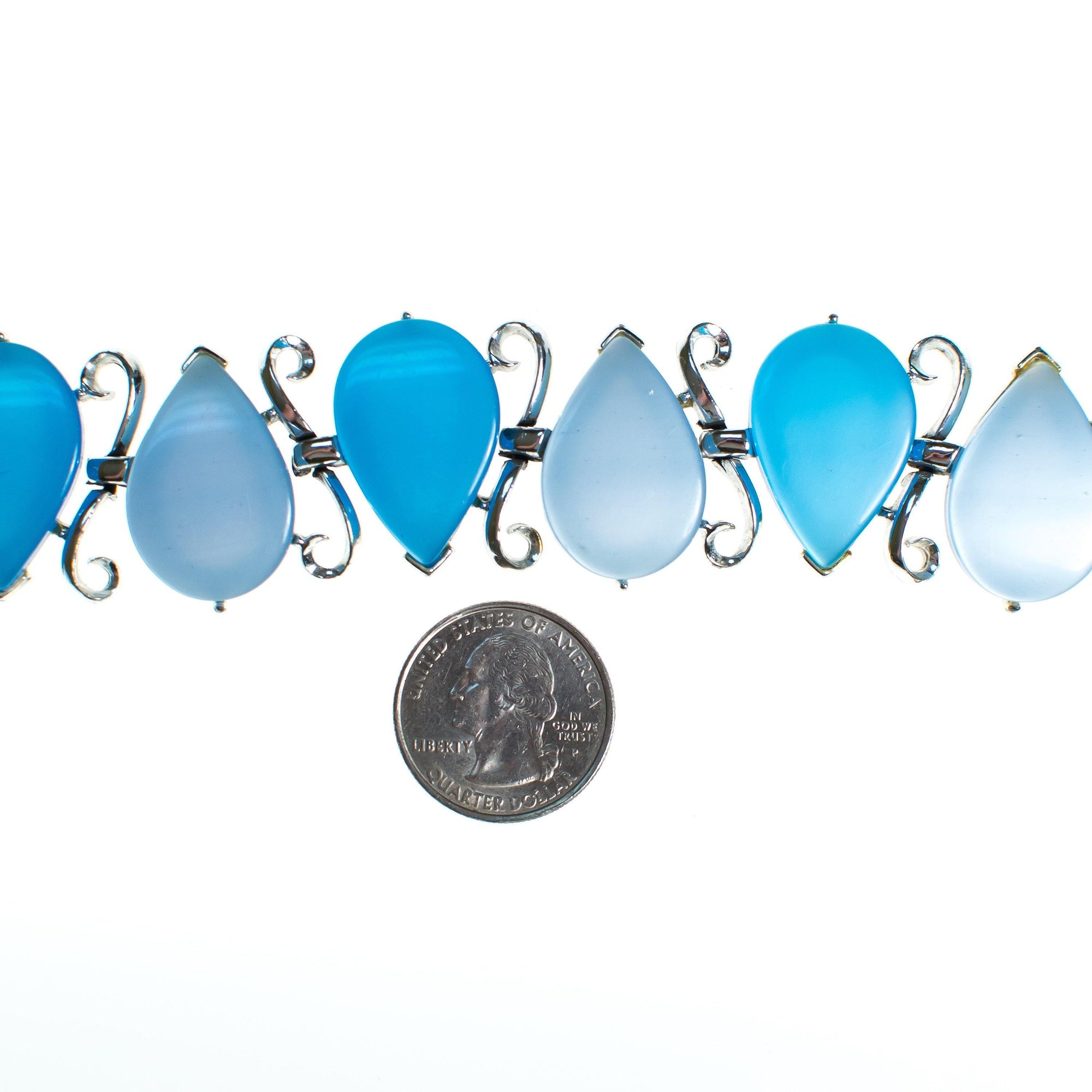 Vintage Mid Century Modern Light Blue Thermoset Wide Thermoset Bracelet Pear Shaped Links Set In Silver Tone by 1950s - Vintage Meet Modern Vintage Jewelry - Chicago, Illinois - #oldhollywoodglamour #vintagemeetmodern #designervintage #jewelrybox #antiquejewelry #vintagejewelry