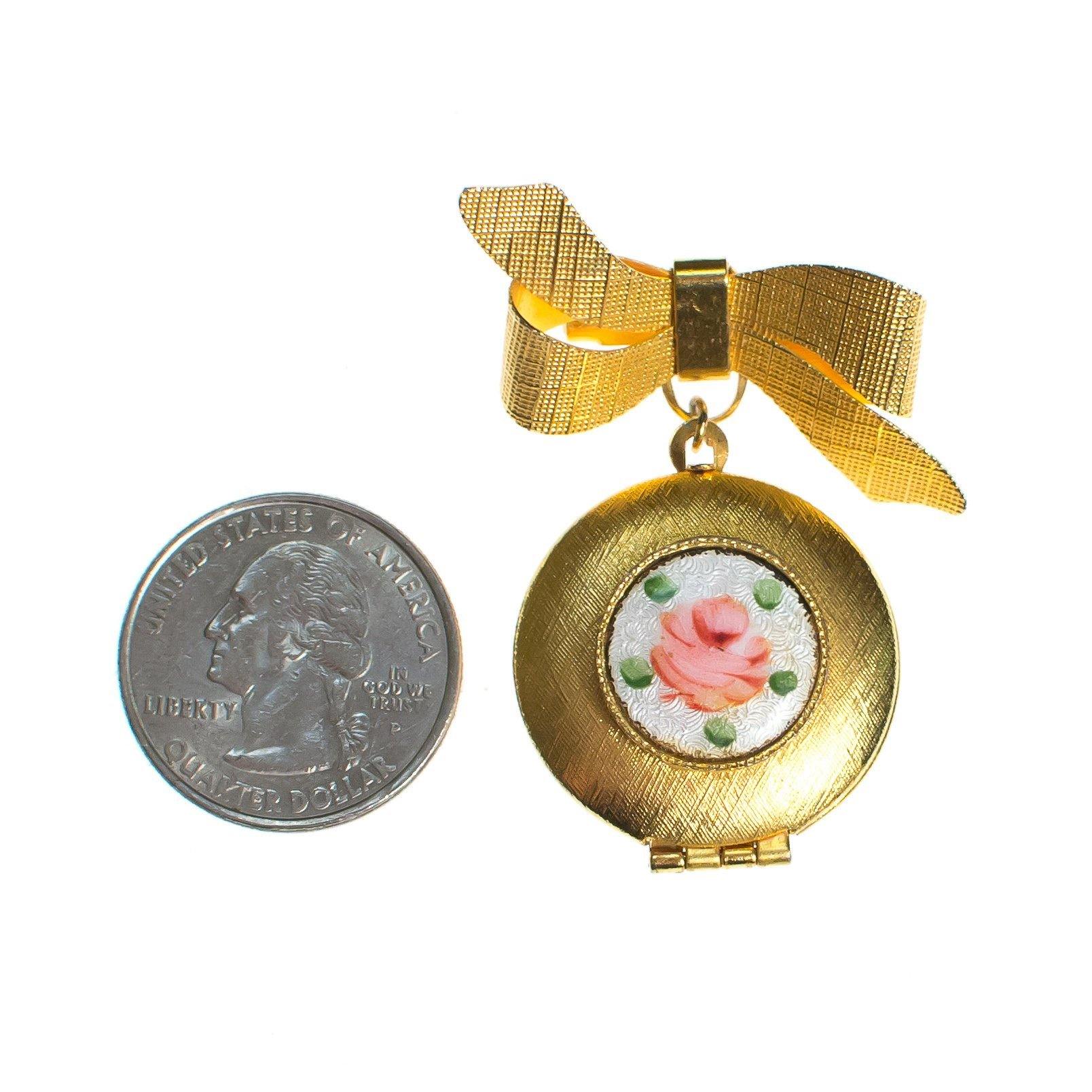 Vintage Guilloche Pink Rose Locket Brooch Pin with Gold Bow by 1960s - Vintage Meet Modern Vintage Jewelry - Chicago, Illinois - #oldhollywoodglamour #vintagemeetmodern #designervintage #jewelrybox #antiquejewelry #vintagejewelry
