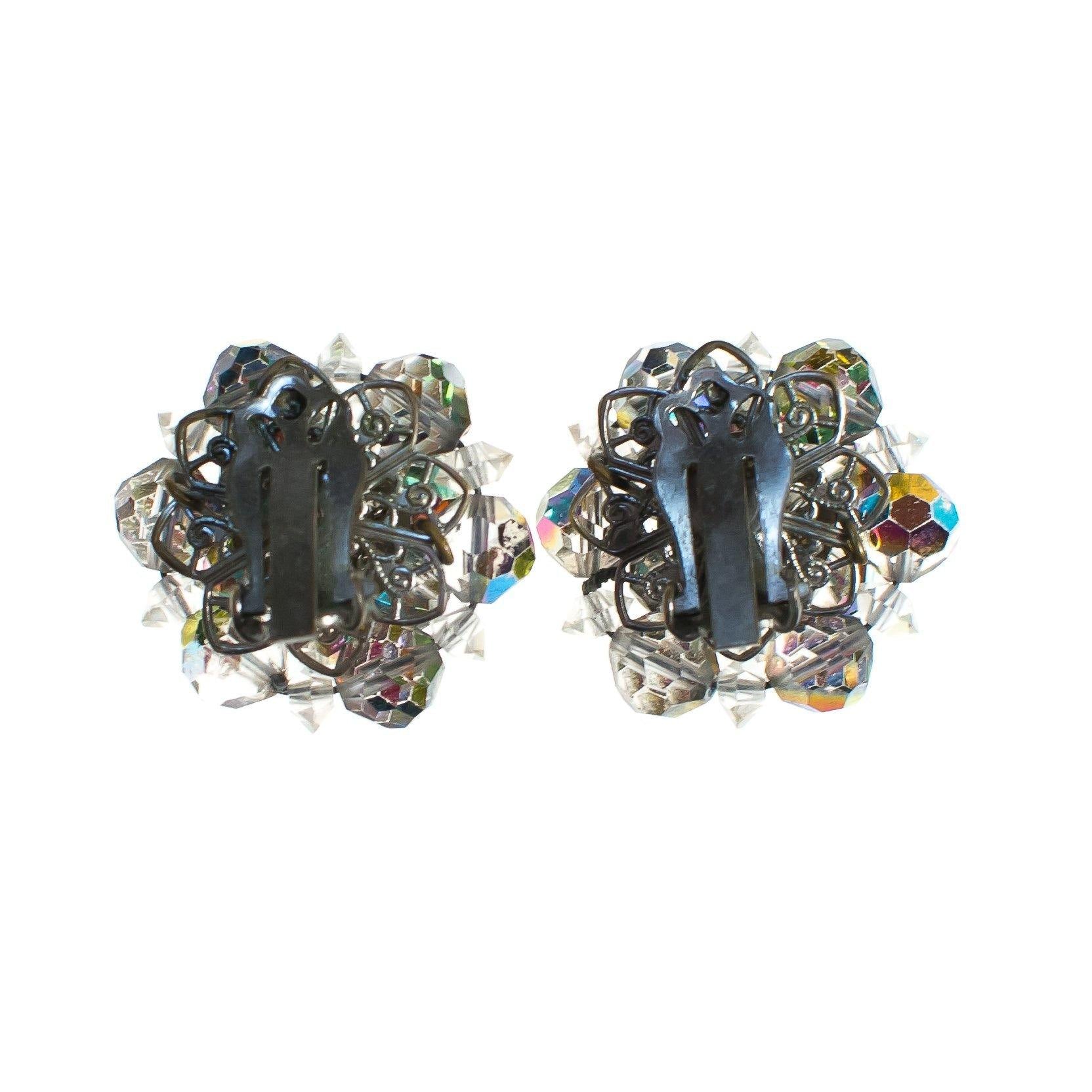Vintage Smokey Gray Aurora Borealis Faceted Crystal Cluster Clip On Earrings by 1950s - Vintage Meet Modern Vintage Jewelry - Chicago, Illinois - #oldhollywoodglamour #vintagemeetmodern #designervintage #jewelrybox #antiquejewelry #vintagejewelry