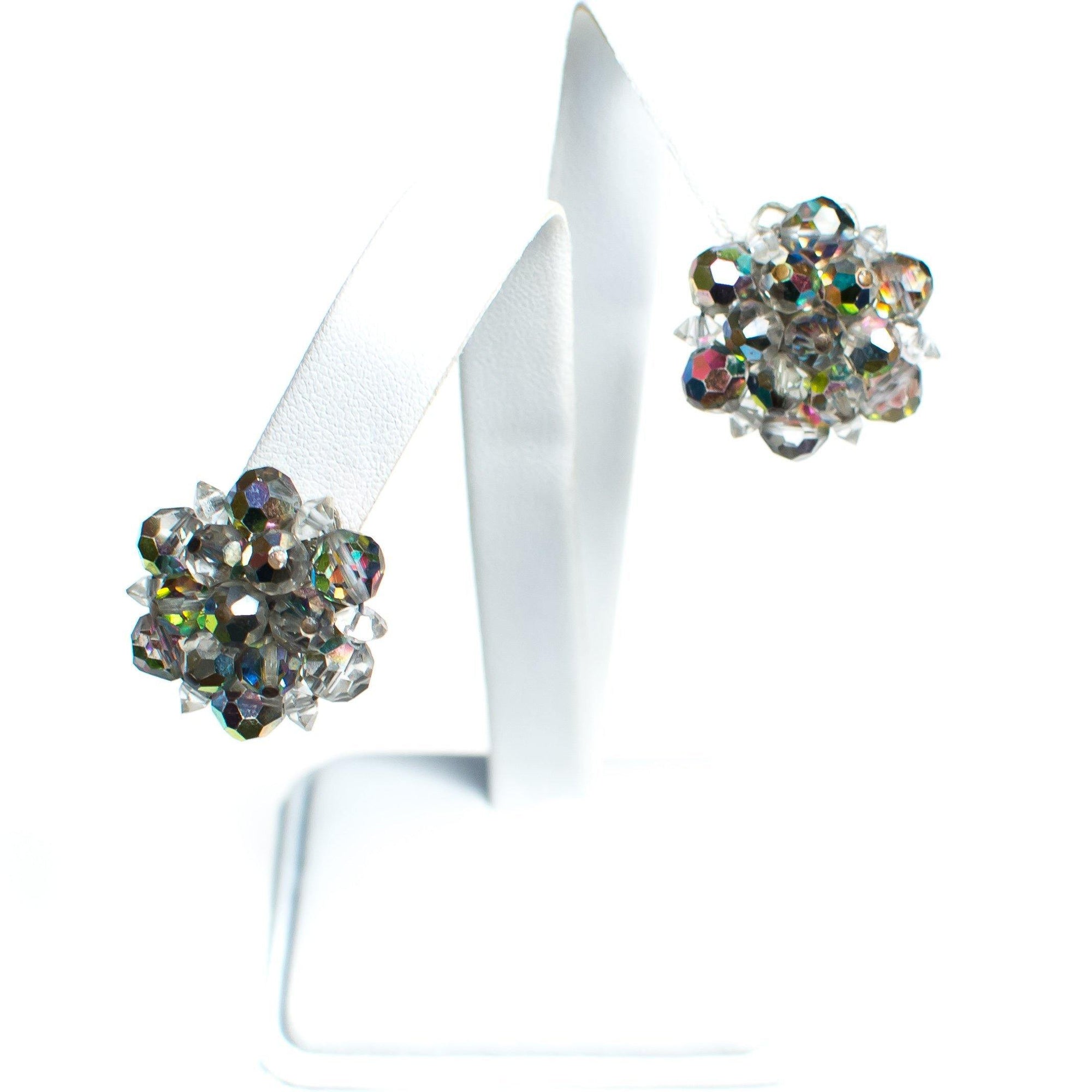 Vintage Smokey Gray Aurora Borealis Faceted Crystal Cluster Clip On Earrings by 1950s - Vintage Meet Modern Vintage Jewelry - Chicago, Illinois - #oldhollywoodglamour #vintagemeetmodern #designervintage #jewelrybox #antiquejewelry #vintagejewelry
