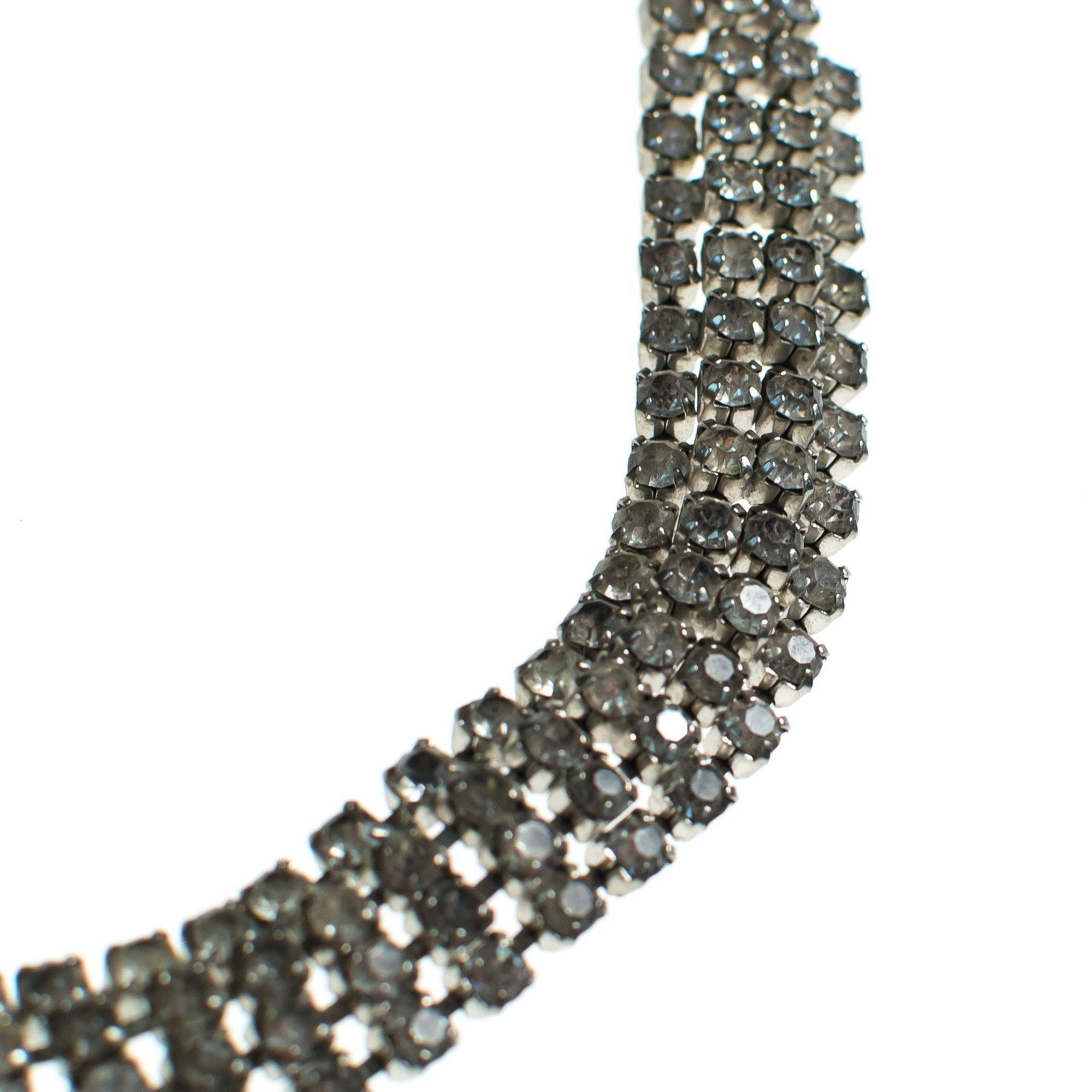 Vintage Art Deco Four Row Rhinestone Choker Necklace Set in Silver Tone by Art Deco - Vintage Meet Modern Vintage Jewelry - Chicago, Illinois - #oldhollywoodglamour #vintagemeetmodern #designervintage #jewelrybox #antiquejewelry #vintagejewelry