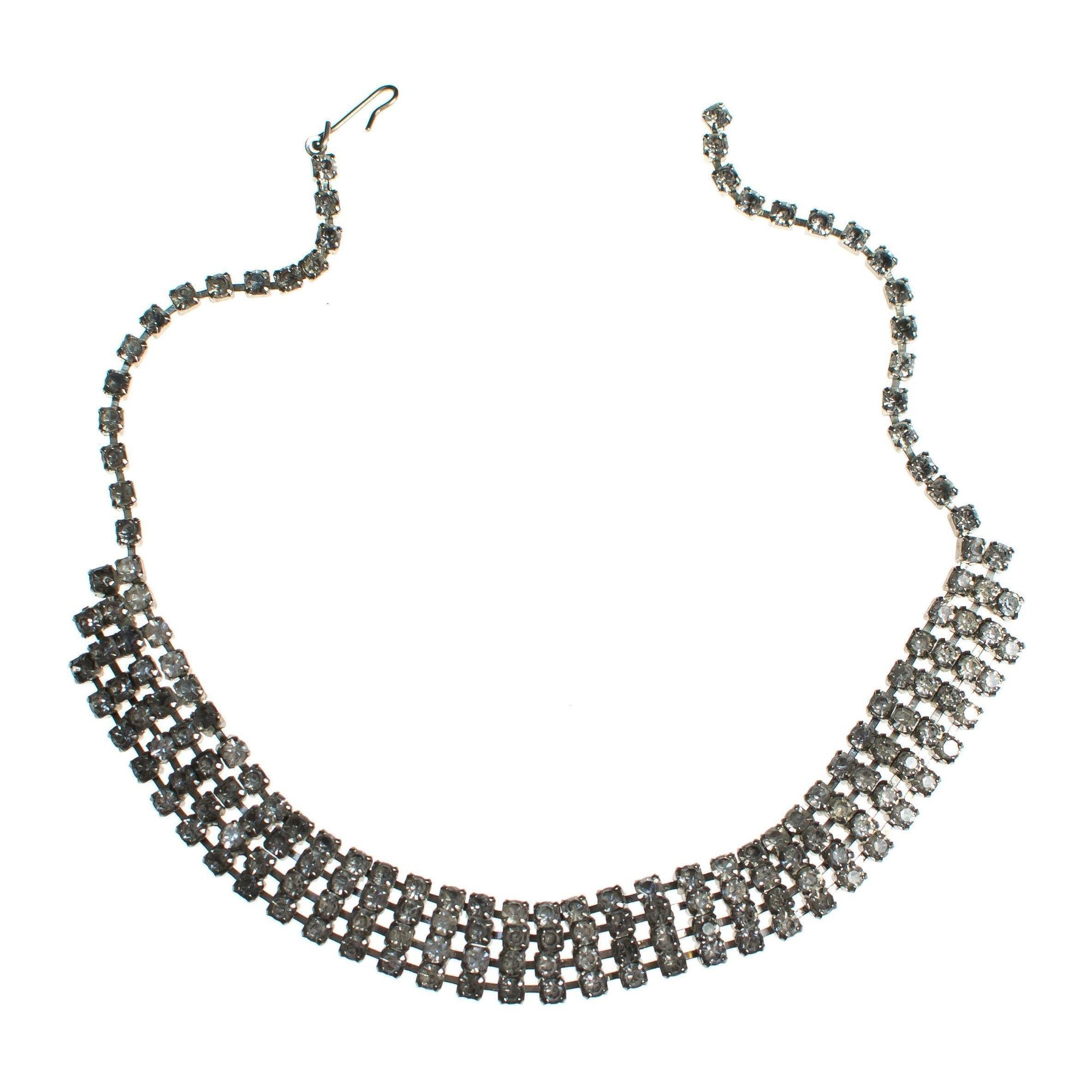 Vintage Art Deco Four Row Rhinestone Choker Necklace Set in Silver Tone by Art Deco - Vintage Meet Modern Vintage Jewelry - Chicago, Illinois - #oldhollywoodglamour #vintagemeetmodern #designervintage #jewelrybox #antiquejewelry #vintagejewelry