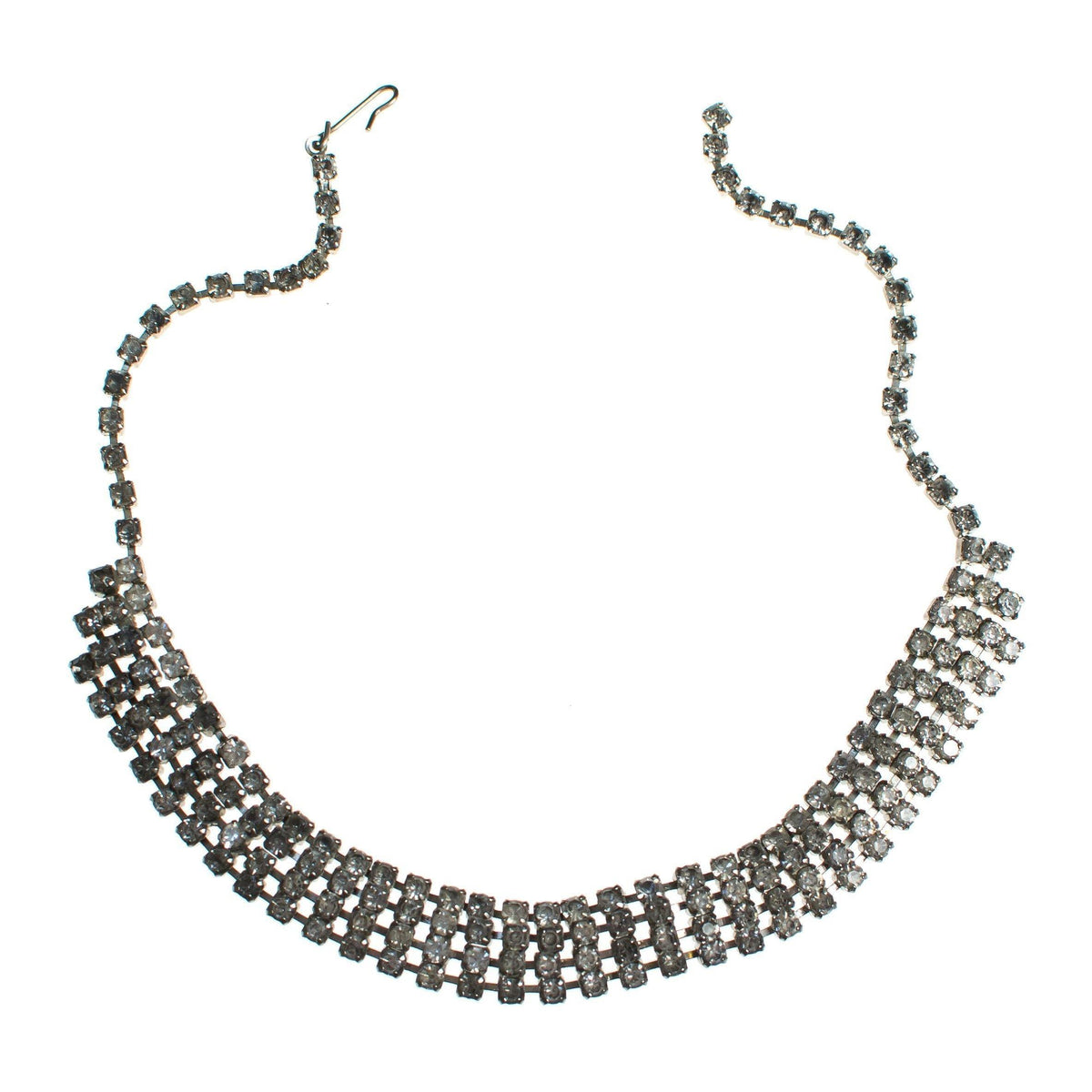 Vintage Art Deco Four Row Rhinestone Choker Necklace Set in Silver Tone