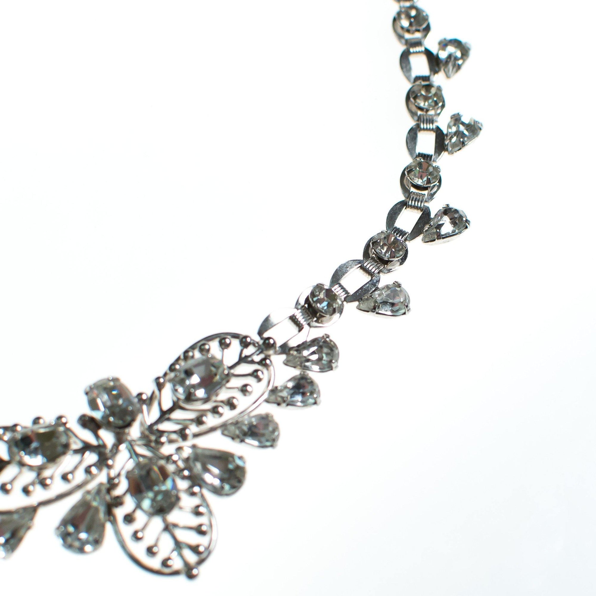Vintage Silver Rhinestone Floral Garland Style Leaf Choker Necklace by 1950s - Vintage Meet Modern Vintage Jewelry - Chicago, Illinois - #oldhollywoodglamour #vintagemeetmodern #designervintage #jewelrybox #antiquejewelry #vintagejewelry