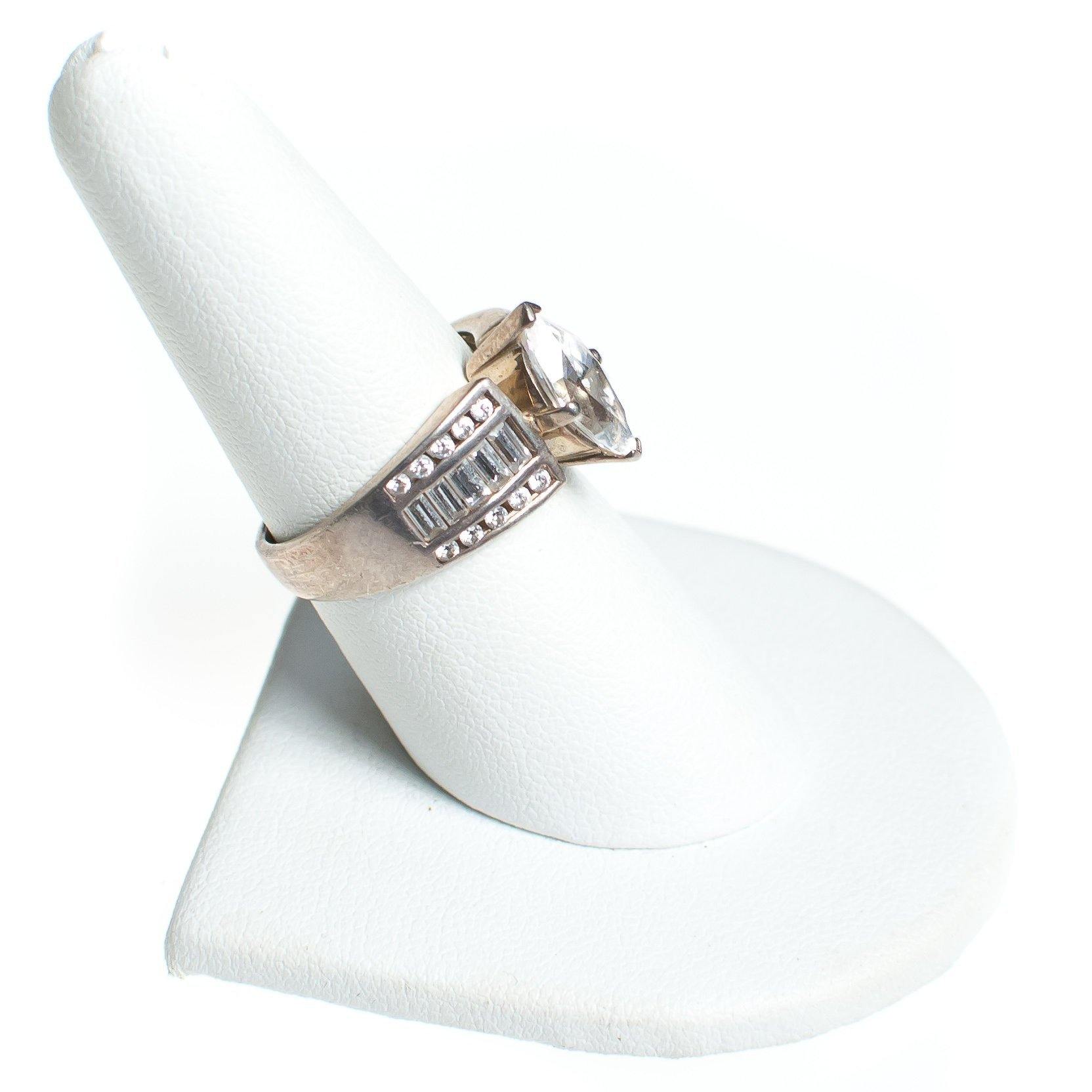 Vintage Sterling Silver Marquise with Baguettes Cubic Zirconia Engagement Ring by Sterling Silver - Vintage Meet Modern Vintage Jewelry - Chicago, Illinois - #oldhollywoodglamour #vintagemeetmodern #designervintage #jewelrybox #antiquejewelry #vintagejewelry