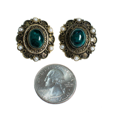 Vintage Sterling SIlver Filigree Clip Earrings with Malachite and Pearls Made in Israel by Made in Israel - Vintage Meet Modern Vintage Jewelry - Chicago, Illinois - #oldhollywoodglamour #vintagemeetmodern #designervintage #jewelrybox #antiquejewelry #vintagejewelry