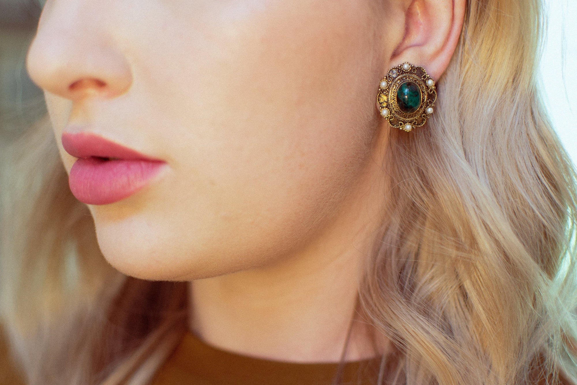 Vintage Sterling SIlver Filigree Clip Earrings with Malachite and Pearls Made in Israel by Made in Israel - Vintage Meet Modern Vintage Jewelry - Chicago, Illinois - #oldhollywoodglamour #vintagemeetmodern #designervintage #jewelrybox #antiquejewelry #vintagejewelry