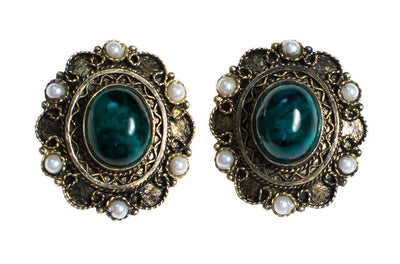 Vintage Sterling SIlver Filigree Clip Earrings with Malachite and Pearls Made in Israel by Made in Israel - Vintage Meet Modern Vintage Jewelry - Chicago, Illinois - #oldhollywoodglamour #vintagemeetmodern #designervintage #jewelrybox #antiquejewelry #vintagejewelry