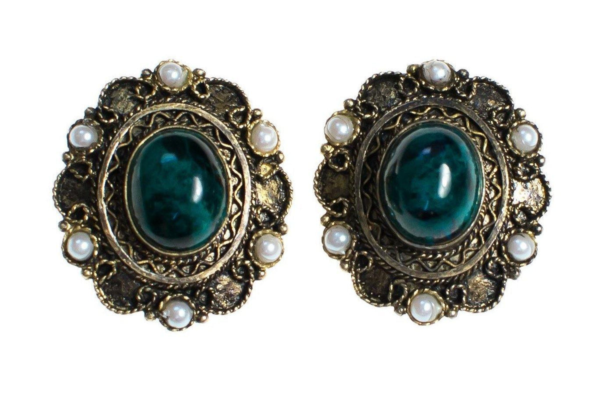 Vintage Sterling SIlver Filigree Clip Earrings with Malachite and Pearls Made in Israel