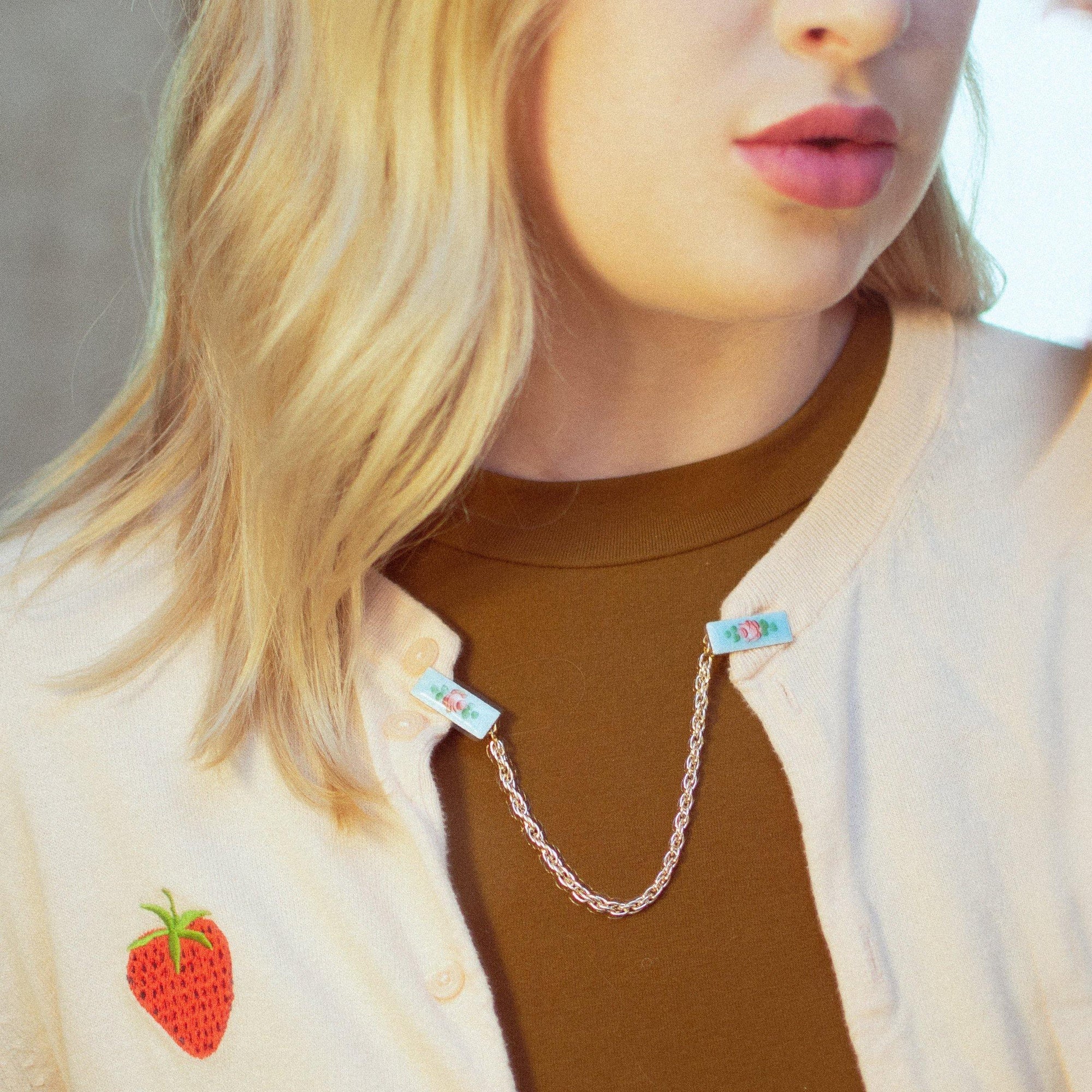 Vintage Pink Rose and Blue Guilloche Sweater Guard with Gold Chain by 1950s - Vintage Meet Modern Vintage Jewelry - Chicago, Illinois - #oldhollywoodglamour #vintagemeetmodern #designervintage #jewelrybox #antiquejewelry #vintagejewelry