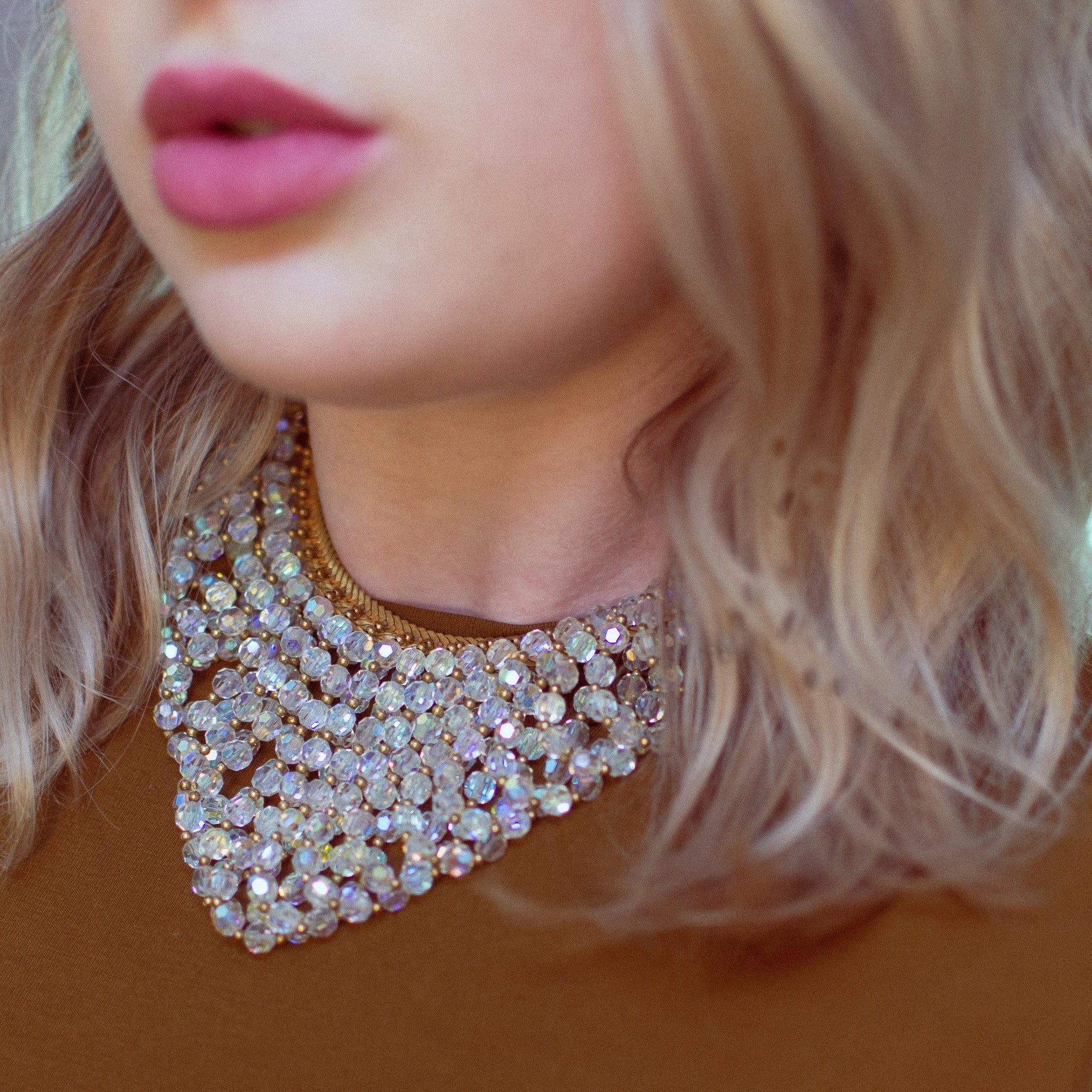 Vintage Looped Aurora Borealis Crystal Bead Bib Statement Necklace by 1950s - Vintage Meet Modern Vintage Jewelry - Chicago, Illinois - #oldhollywoodglamour #vintagemeetmodern #designervintage #jewelrybox #antiquejewelry #vintagejewelry