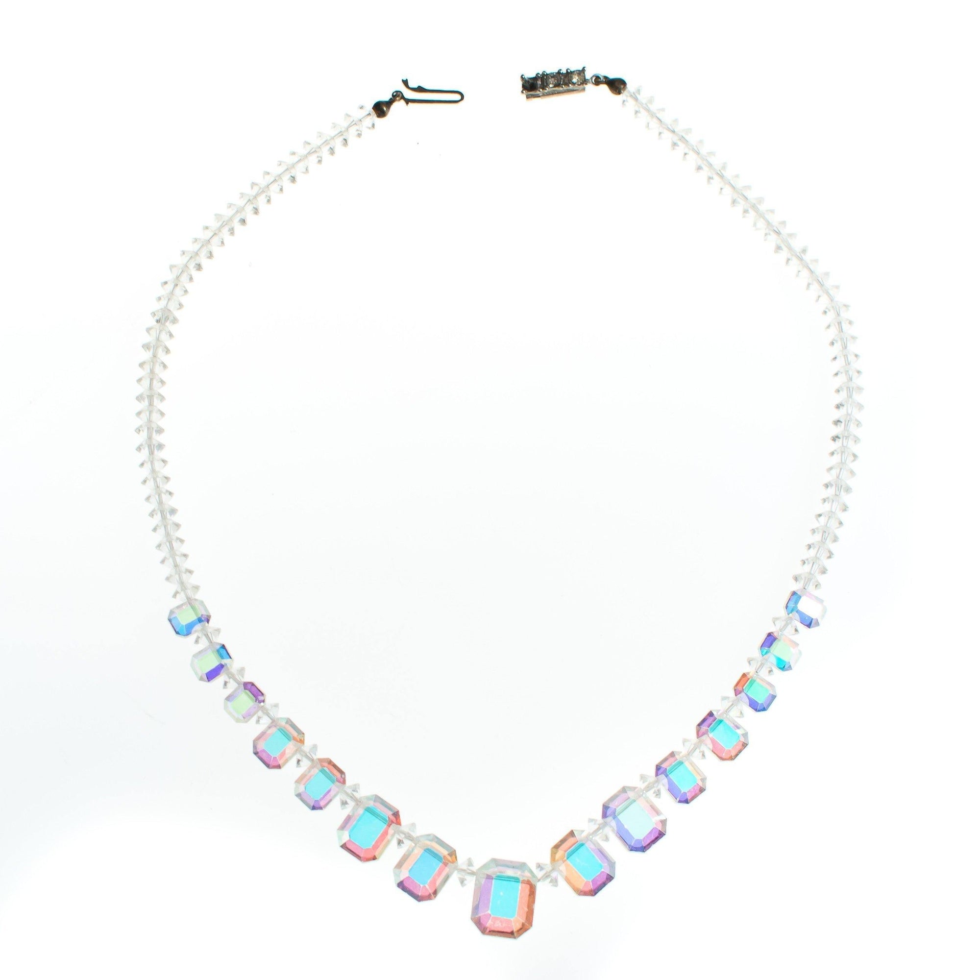 Vintage Mid Century Modern 1950s Glam Floating Emerald Cut Aurora Borealis Crystal Beaded Necklace by 1950s - Vintage Meet Modern Vintage Jewelry - Chicago, Illinois - #oldhollywoodglamour #vintagemeetmodern #designervintage #jewelrybox #antiquejewelry #vintagejewelry