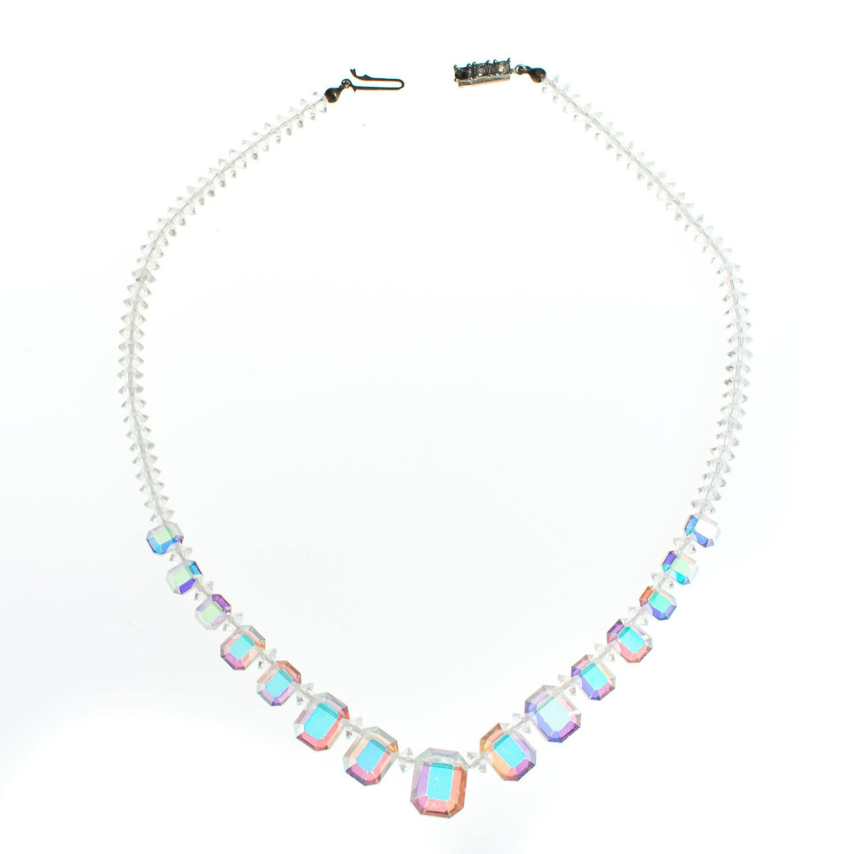 Vintage Mid Century Modern 1950s Glam Floating Emerald Cut Aurora Borealis Crystal Beaded Necklace
