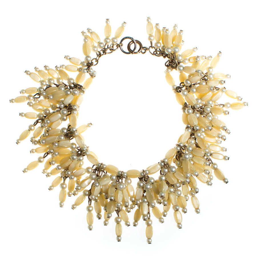 Vintage 1940s Castlecliff Fringed Mother Of Pearl Beaded Statement Bracelet by Castlecliff - Vintage Meet Modern Vintage Jewelry - Chicago, Illinois - #oldhollywoodglamour #vintagemeetmodern #designervintage #jewelrybox #antiquejewelry #vintagejewelry