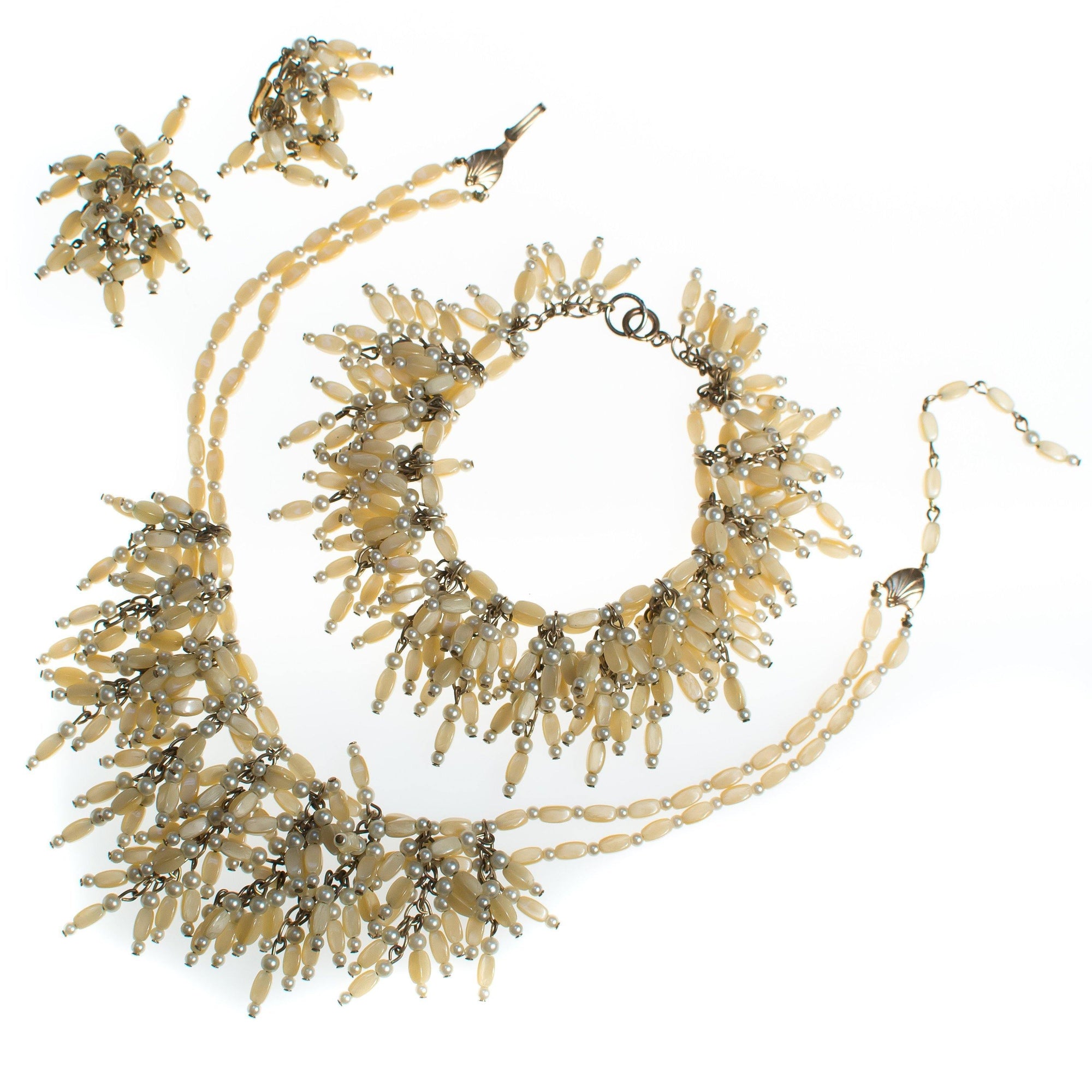 Vintage 1940s Castlecliff Fringed Mother Of Pearl Beaded Statement Bracelet by Castlecliff - Vintage Meet Modern Vintage Jewelry - Chicago, Illinois - #oldhollywoodglamour #vintagemeetmodern #designervintage #jewelrybox #antiquejewelry #vintagejewelry