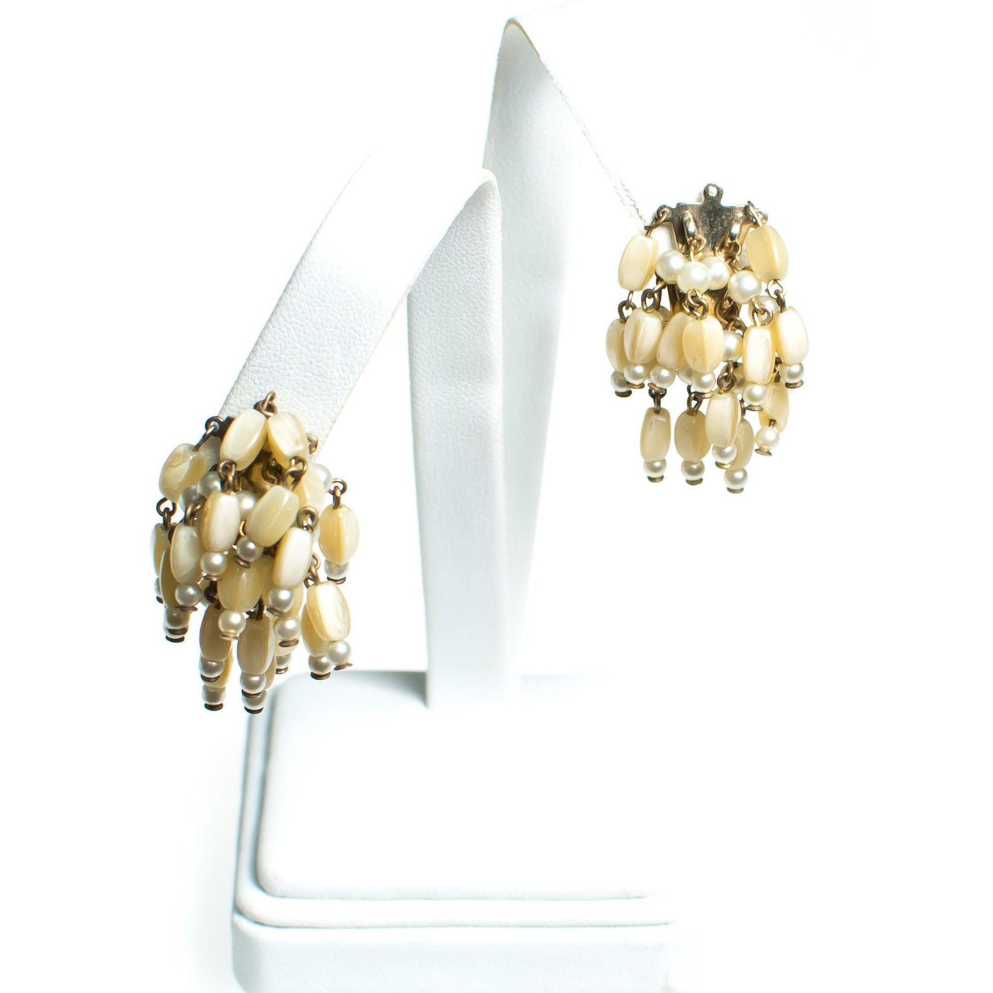 Vintage 1940s Designer Castlecliff Mother of Pearl Tassel Beaded Cha Cha Earrings by Castlecliff - Vintage Meet Modern Vintage Jewelry - Chicago, Illinois - #oldhollywoodglamour #vintagemeetmodern #designervintage #jewelrybox #antiquejewelry #vintagejewelry
