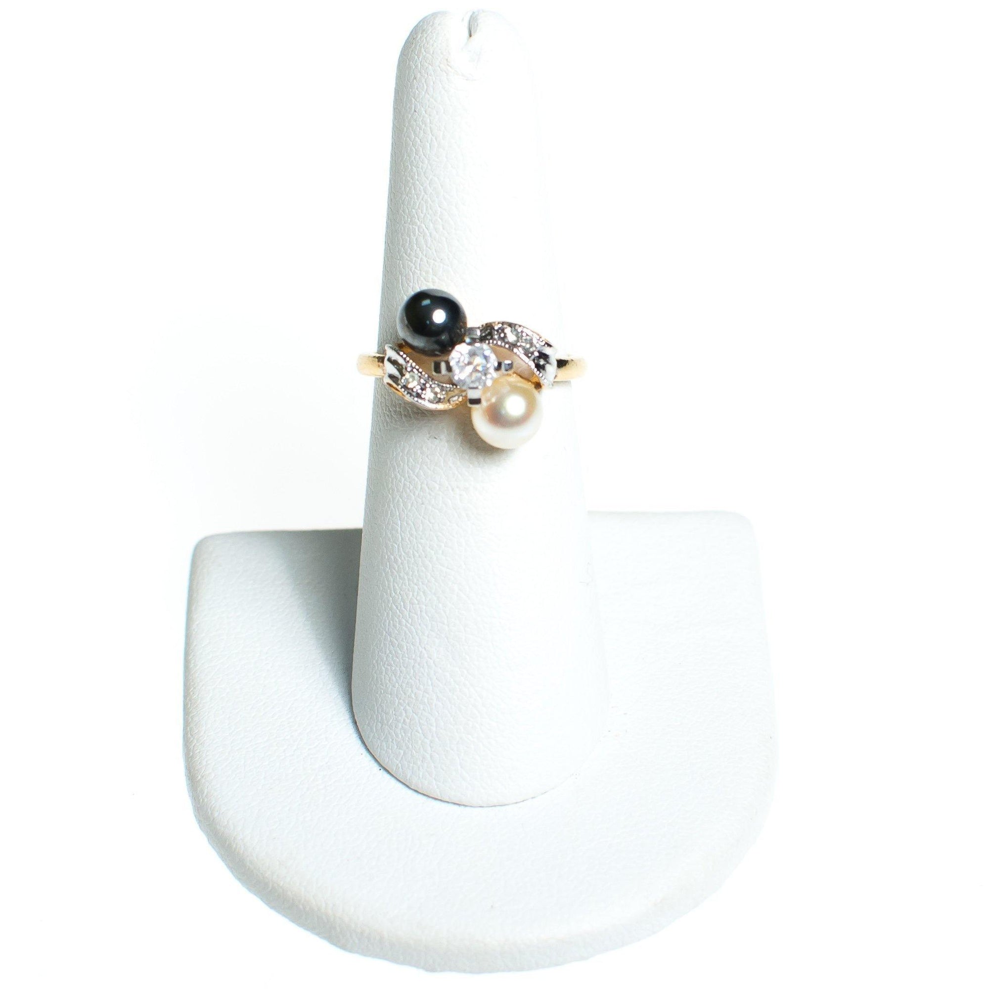 Vintage Black and White Pearl With Cubic Zirconia Bypass Style Cocktail Ring by 1980s - Vintage Meet Modern Vintage Jewelry - Chicago, Illinois - #oldhollywoodglamour #vintagemeetmodern #designervintage #jewelrybox #antiquejewelry #vintagejewelry