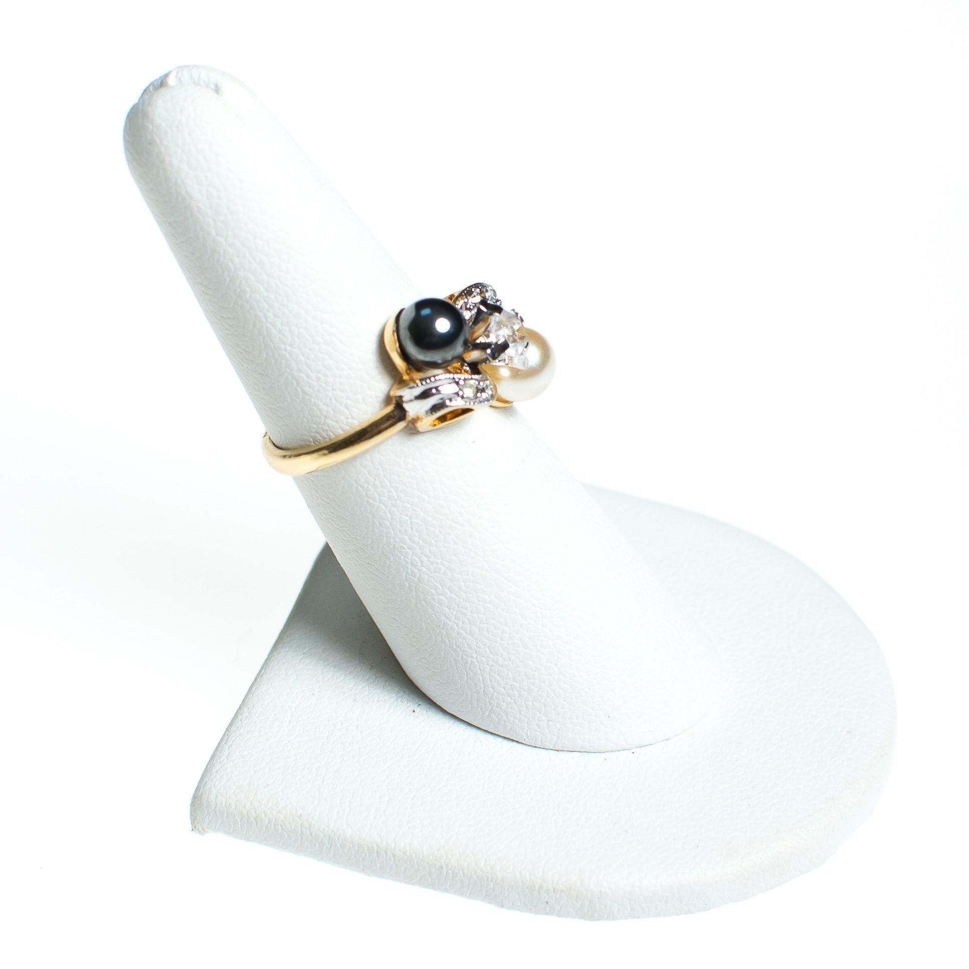 Vintage Black and White Pearl With Cubic Zirconia Bypass Style Cocktail Ring by 1980s - Vintage Meet Modern Vintage Jewelry - Chicago, Illinois - #oldhollywoodglamour #vintagemeetmodern #designervintage #jewelrybox #antiquejewelry #vintagejewelry