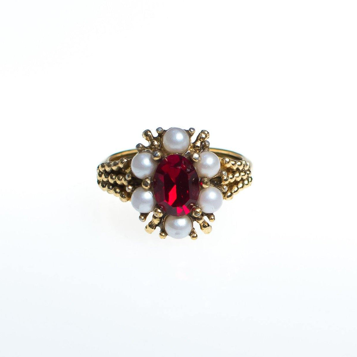 Vintage Avon Ruby Red Crystal and Faux Pearl Cocktail Statement Ring