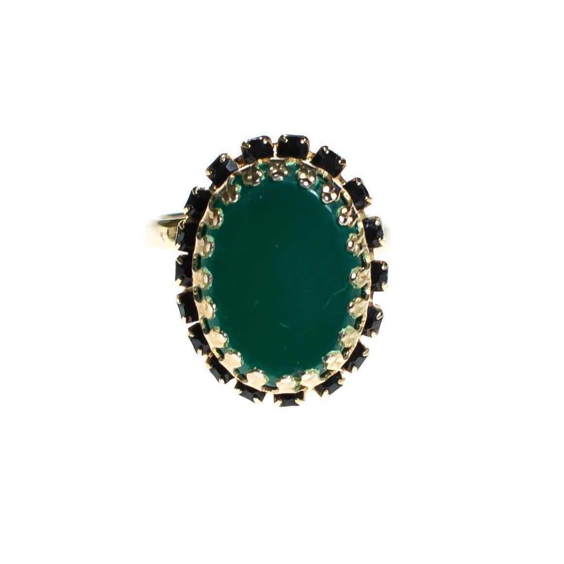 Vintage 1960s Jade Glass and Jet Rhinestone Cocktail Statement Ring