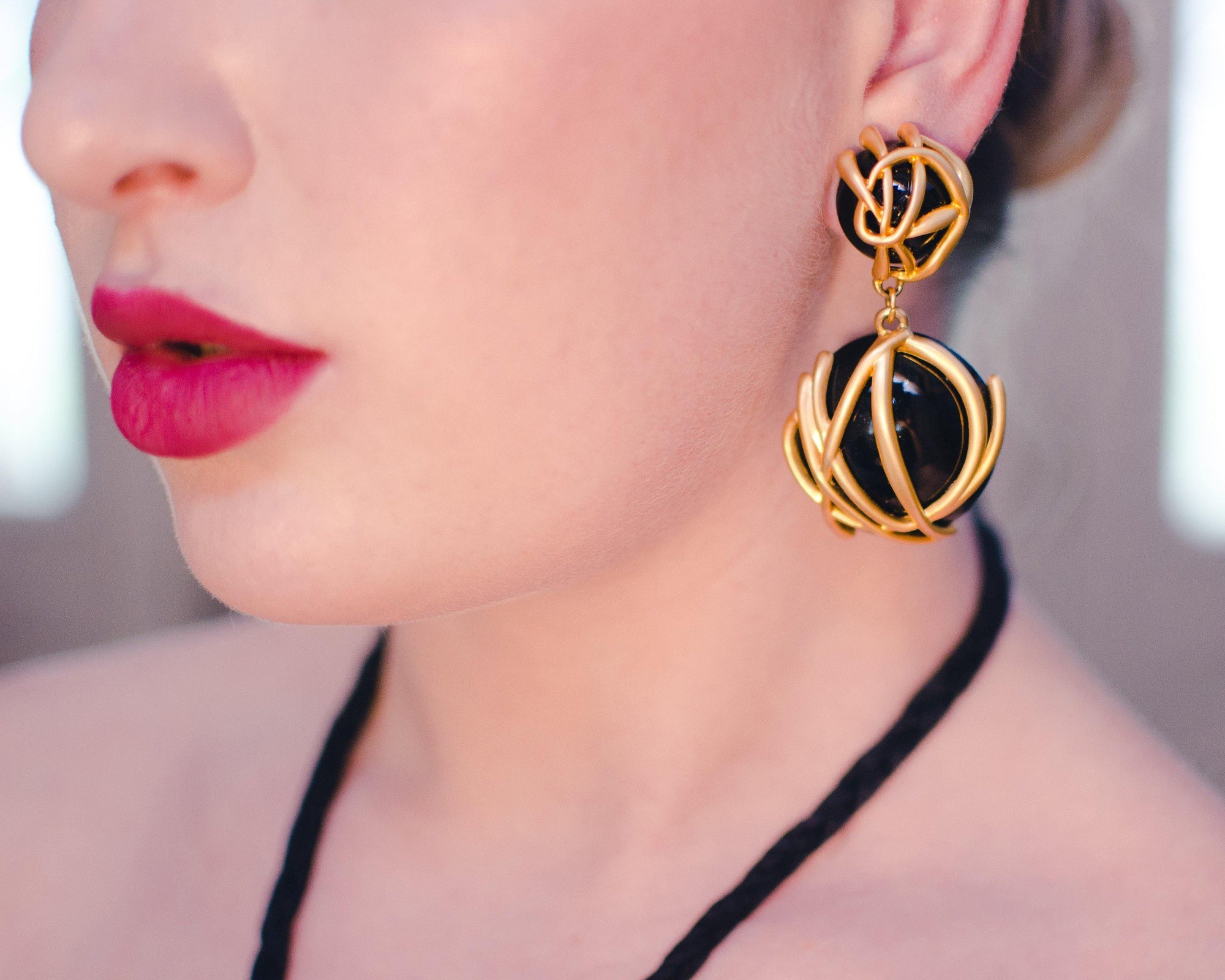 Vintage 1980s Abstract Modernist Style Brushed Gold and Black Statement Earrings, Clip On, Dangling by 1980s - Vintage Meet Modern Vintage Jewelry - Chicago, Illinois - #oldhollywoodglamour #vintagemeetmodern #designervintage #jewelrybox #antiquejewelry #vintagejewelry