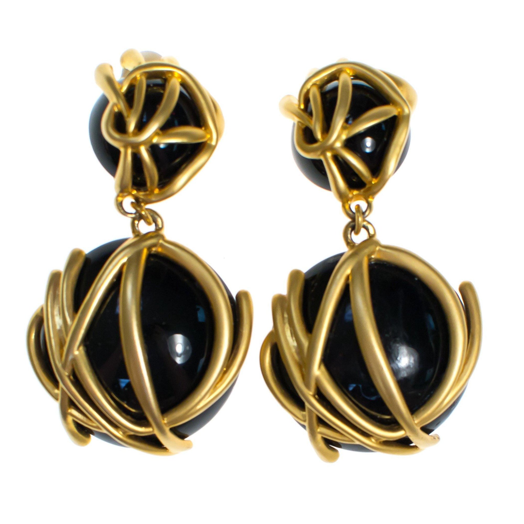 Vintage 1980s Abstract Modernist Style Brushed Gold and Black Statement Earrings, Clip On, Dangling by 1980s - Vintage Meet Modern Vintage Jewelry - Chicago, Illinois - #oldhollywoodglamour #vintagemeetmodern #designervintage #jewelrybox #antiquejewelry #vintagejewelry