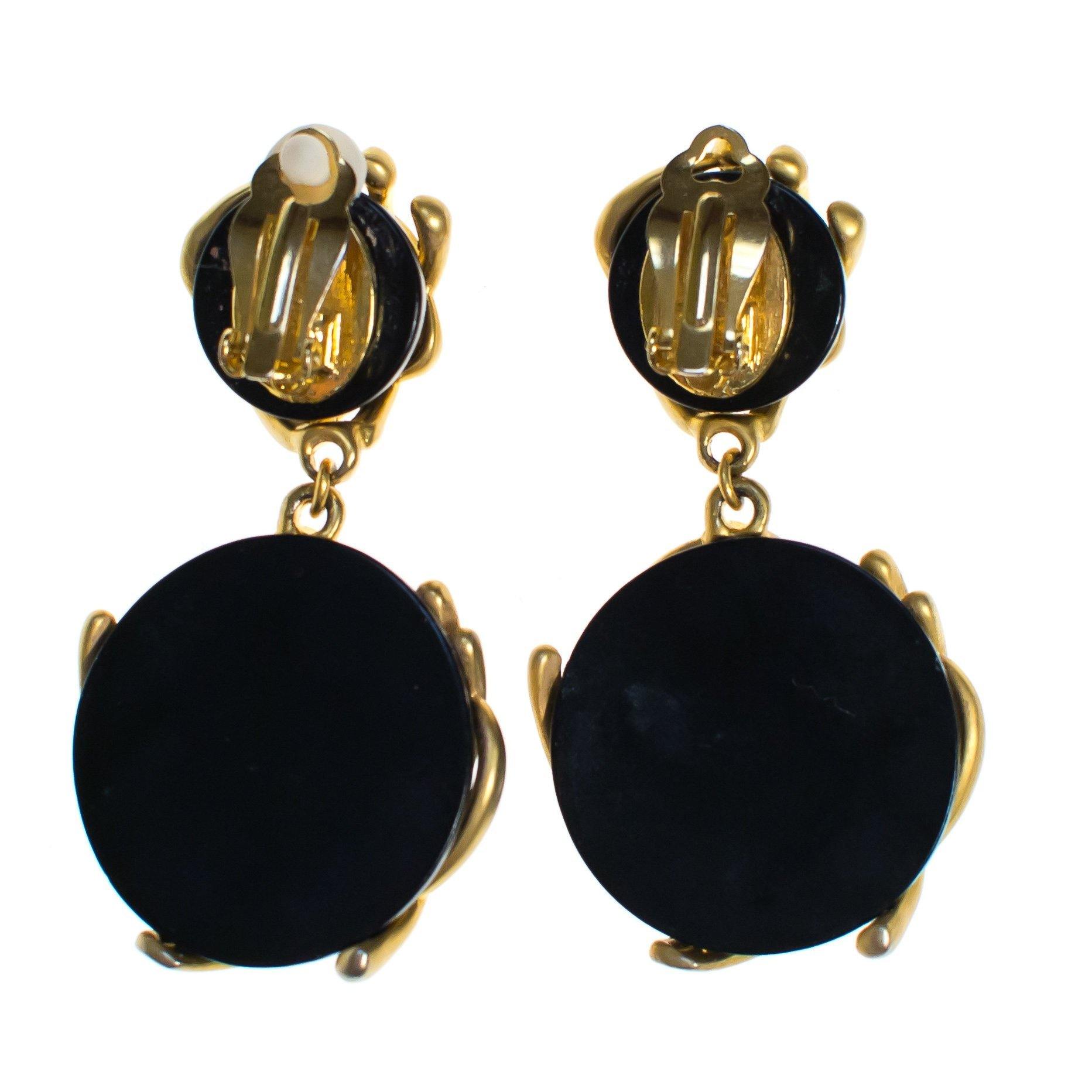 Vintage 1980s Abstract Modernist Style Brushed Gold and Black Statement Earrings, Clip On, Dangling by 1980s - Vintage Meet Modern Vintage Jewelry - Chicago, Illinois - #oldhollywoodglamour #vintagemeetmodern #designervintage #jewelrybox #antiquejewelry #vintagejewelry