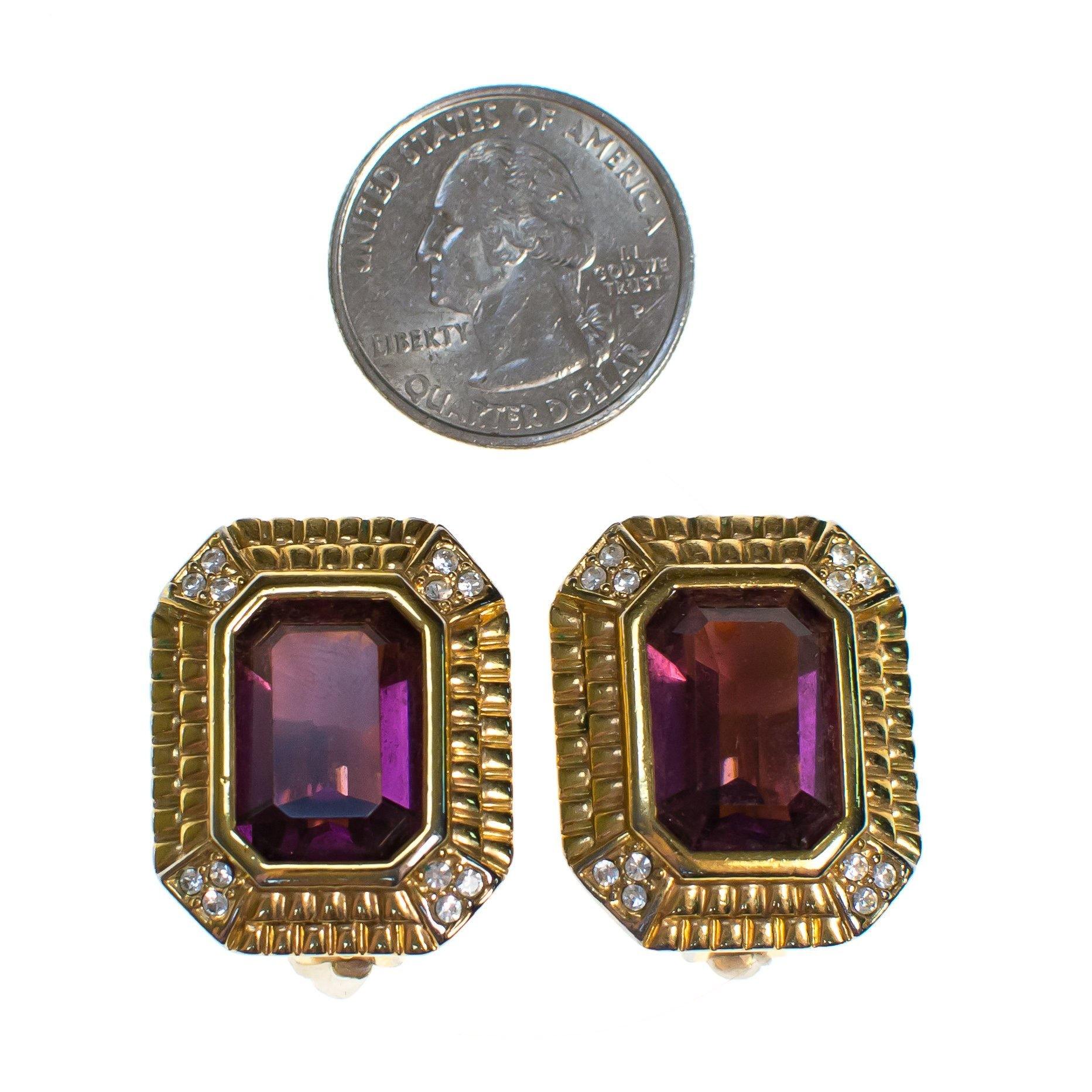Vintage Swarovski Amethyst Crystal and Diamante Gold Statement Earrings, Clip On by 1980s - Vintage Meet Modern Vintage Jewelry - Chicago, Illinois - #oldhollywoodglamour #vintagemeetmodern #designervintage #jewelrybox #antiquejewelry #vintagejewelry