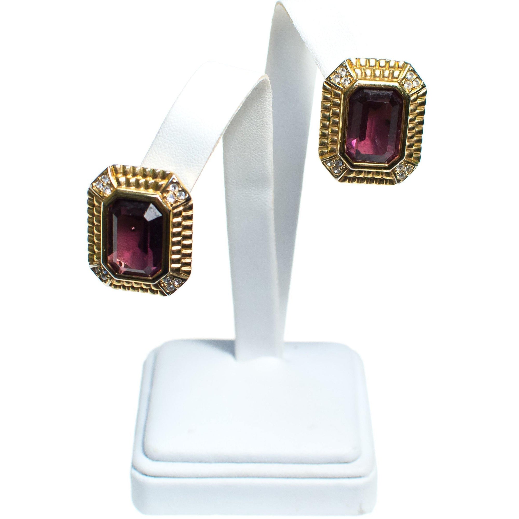 Vintage Swarovski Amethyst Crystal and Diamante Gold Statement Earrings, Clip On by 1980s - Vintage Meet Modern Vintage Jewelry - Chicago, Illinois - #oldhollywoodglamour #vintagemeetmodern #designervintage #jewelrybox #antiquejewelry #vintagejewelry