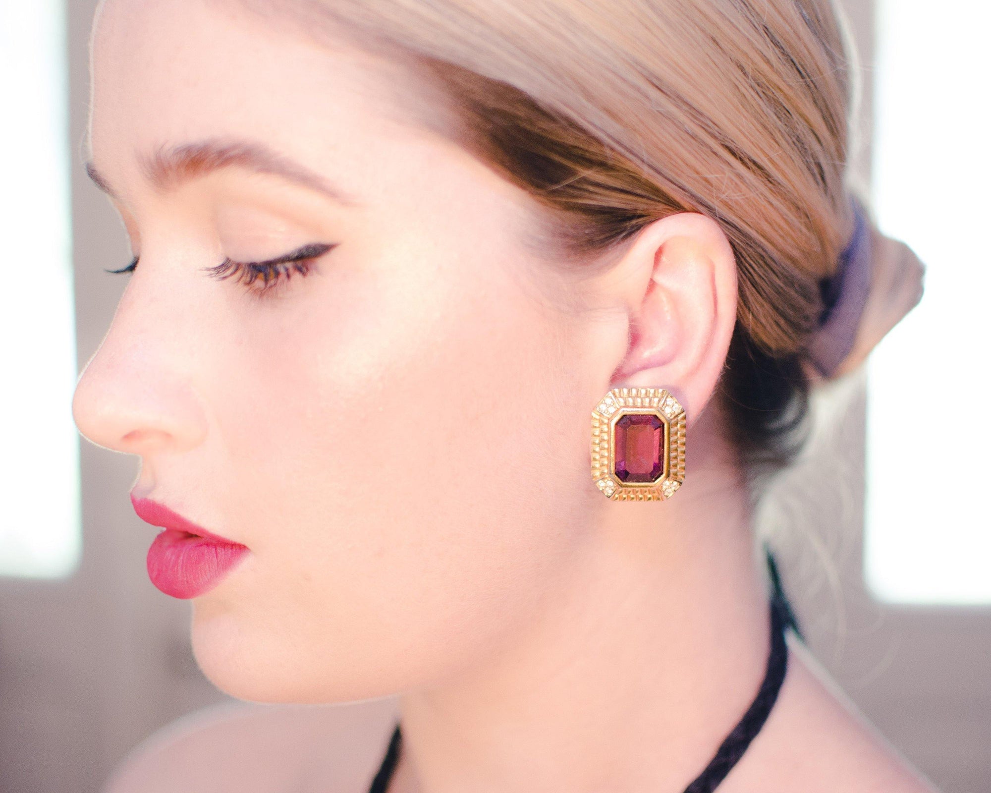 Vintage Swarovski Amethyst Crystal and Diamante Gold Statement Earrings, Clip On by 1980s - Vintage Meet Modern Vintage Jewelry - Chicago, Illinois - #oldhollywoodglamour #vintagemeetmodern #designervintage #jewelrybox #antiquejewelry #vintagejewelry