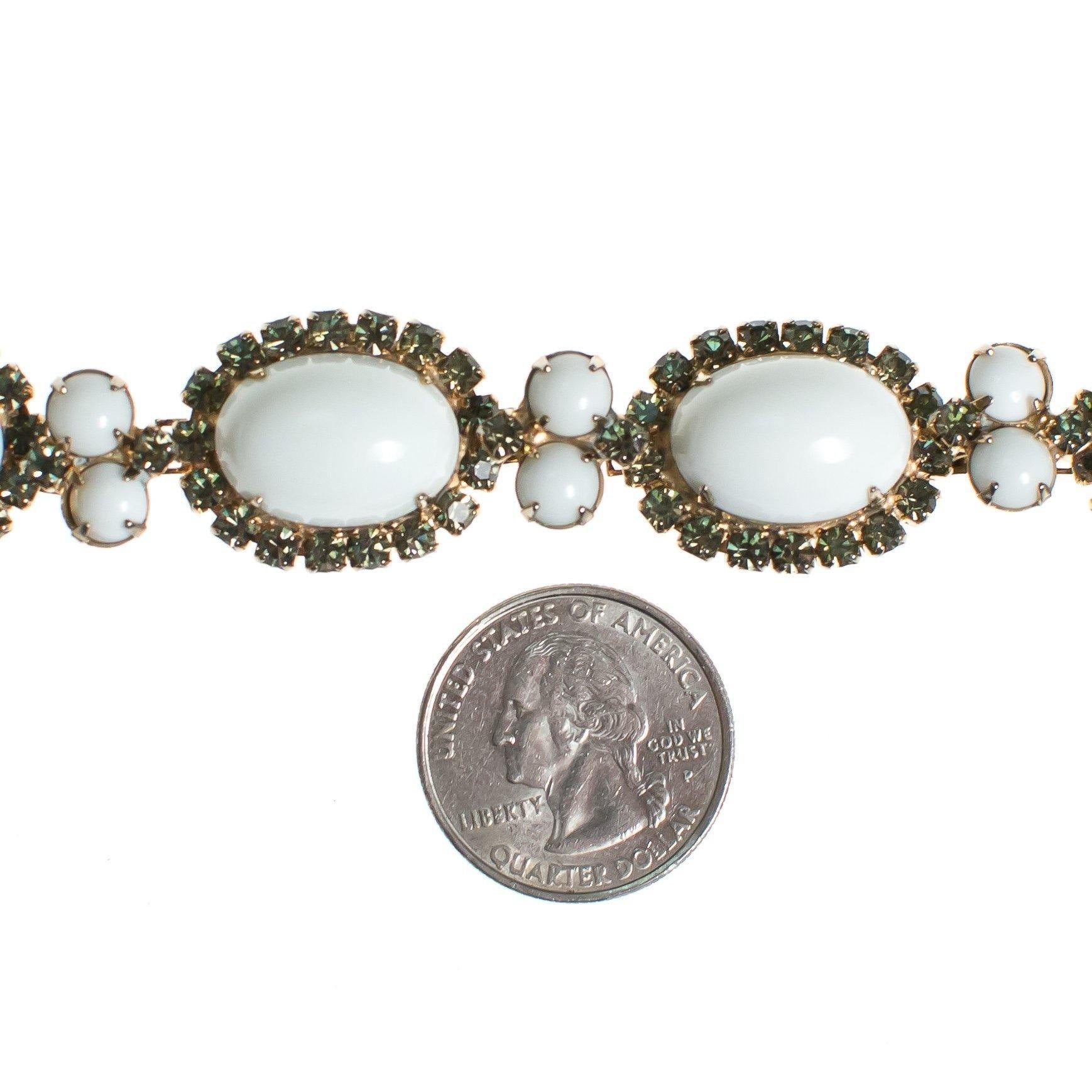 Vintage Hattie Carnegie Gold Tone Bracelet, White Gemstones, Smoke Rhinestones by Hattie Carnegie - Vintage Meet Modern Vintage Jewelry - Chicago, Illinois - #oldhollywoodglamour #vintagemeetmodern #designervintage #jewelrybox #antiquejewelry #vintagejewelry