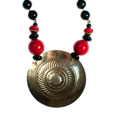 Vintage 1970s Black Gold and Red Medallion Necklace by 1970s - Vintage Meet Modern Vintage Jewelry - Chicago, Illinois - #oldhollywoodglamour #vintagemeetmodern #designervintage #jewelrybox #antiquejewelry #vintagejewelry